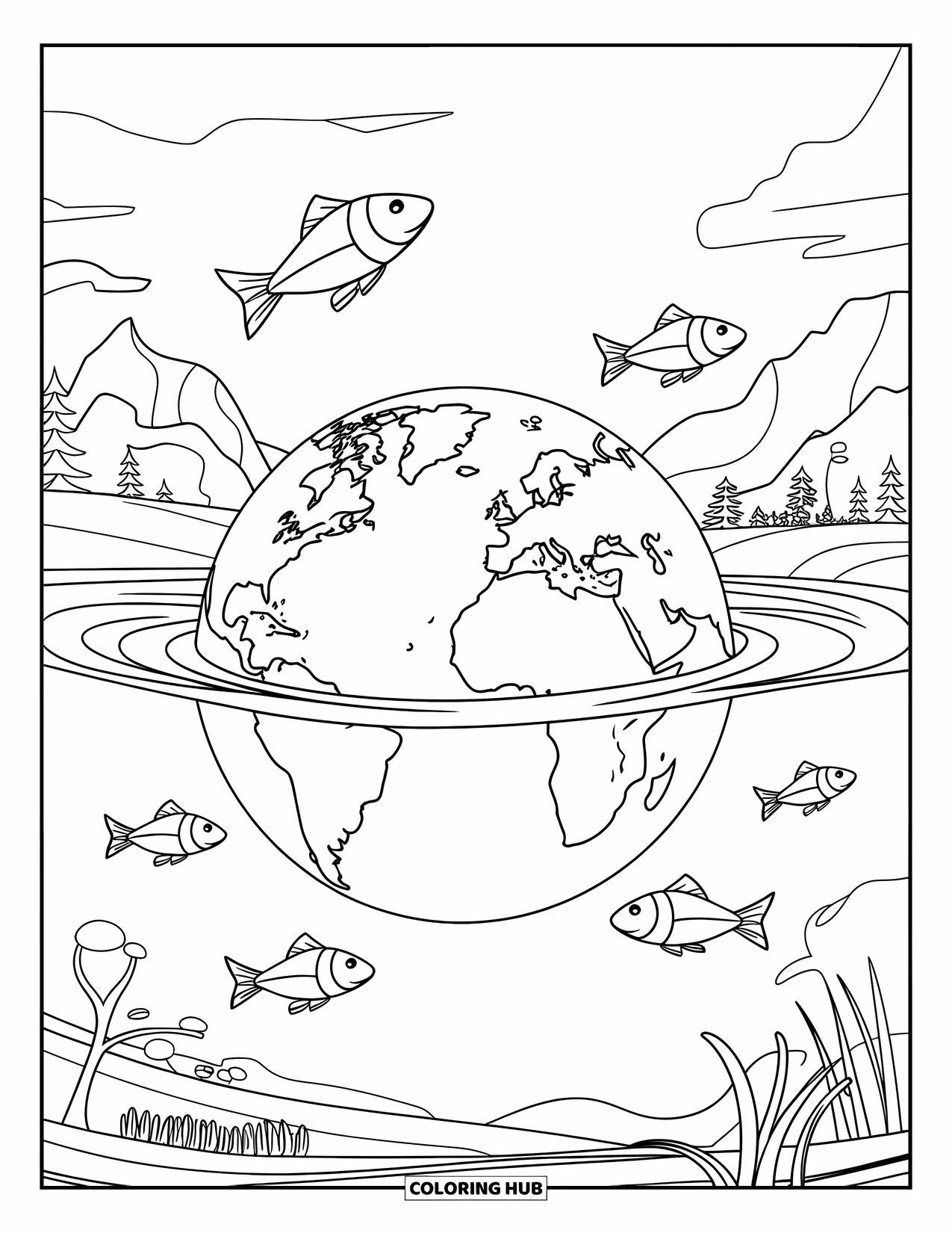 Coloriage Terre pour enfants : la Terre flottant au-dessus de l’eau, avec des poissons qui sautent et un paysage paisible en arrière-plan