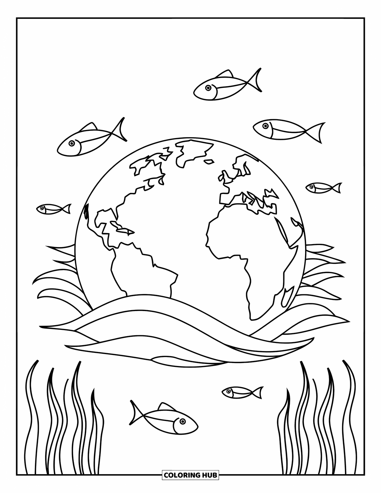 Coloriage Terre pour enfants : la Terre flottant sur les vagues, entourée de poissons et d’algues, sous un ciel avec des nuages