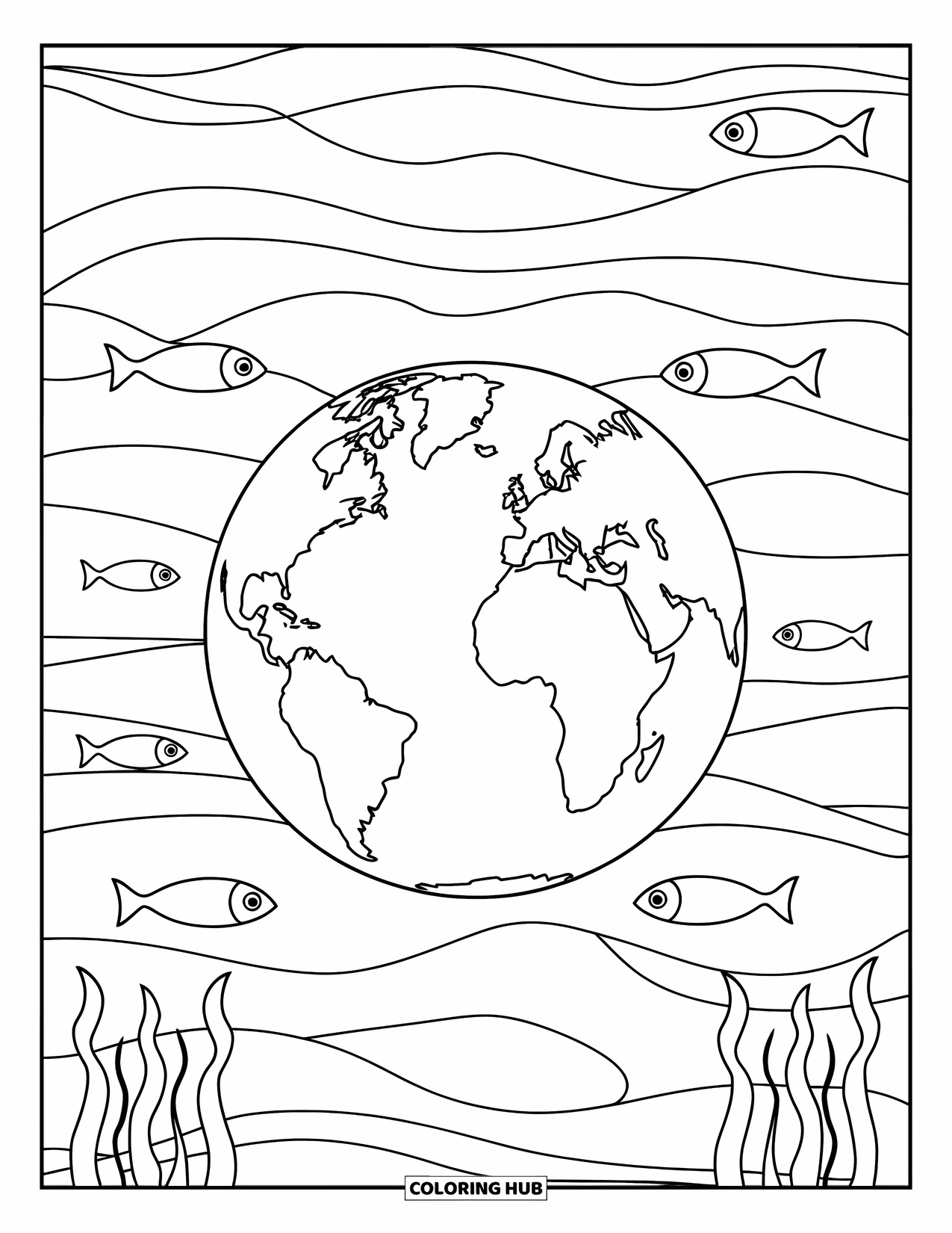 Coloriage Terre pour enfants : la Terre flottant sur les vagues, avec des poissons et des algues, sous un fond océanique calme