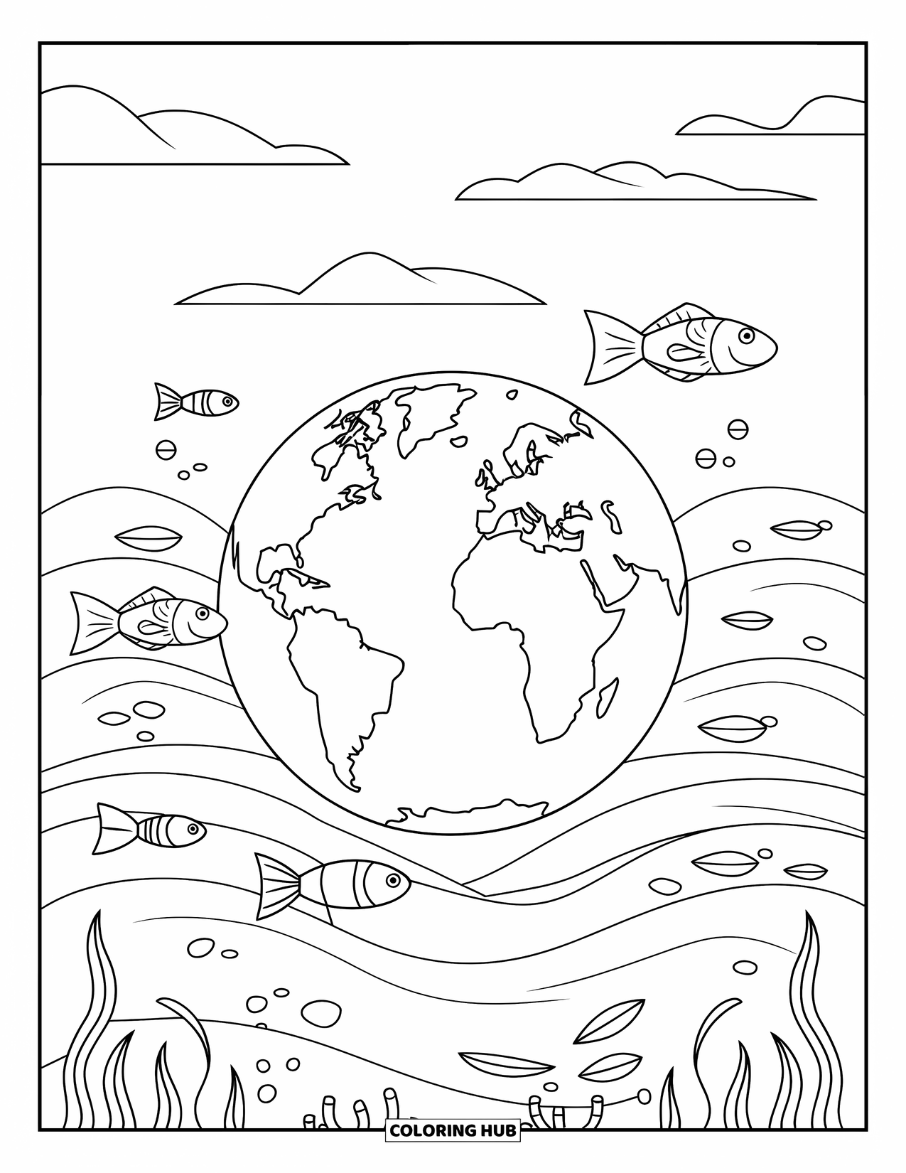 Coloriage Terre pour enfants : la Terre flottant sur les vagues, avec des poissons et des algues, sous un ciel serein avec des nuages duveteux