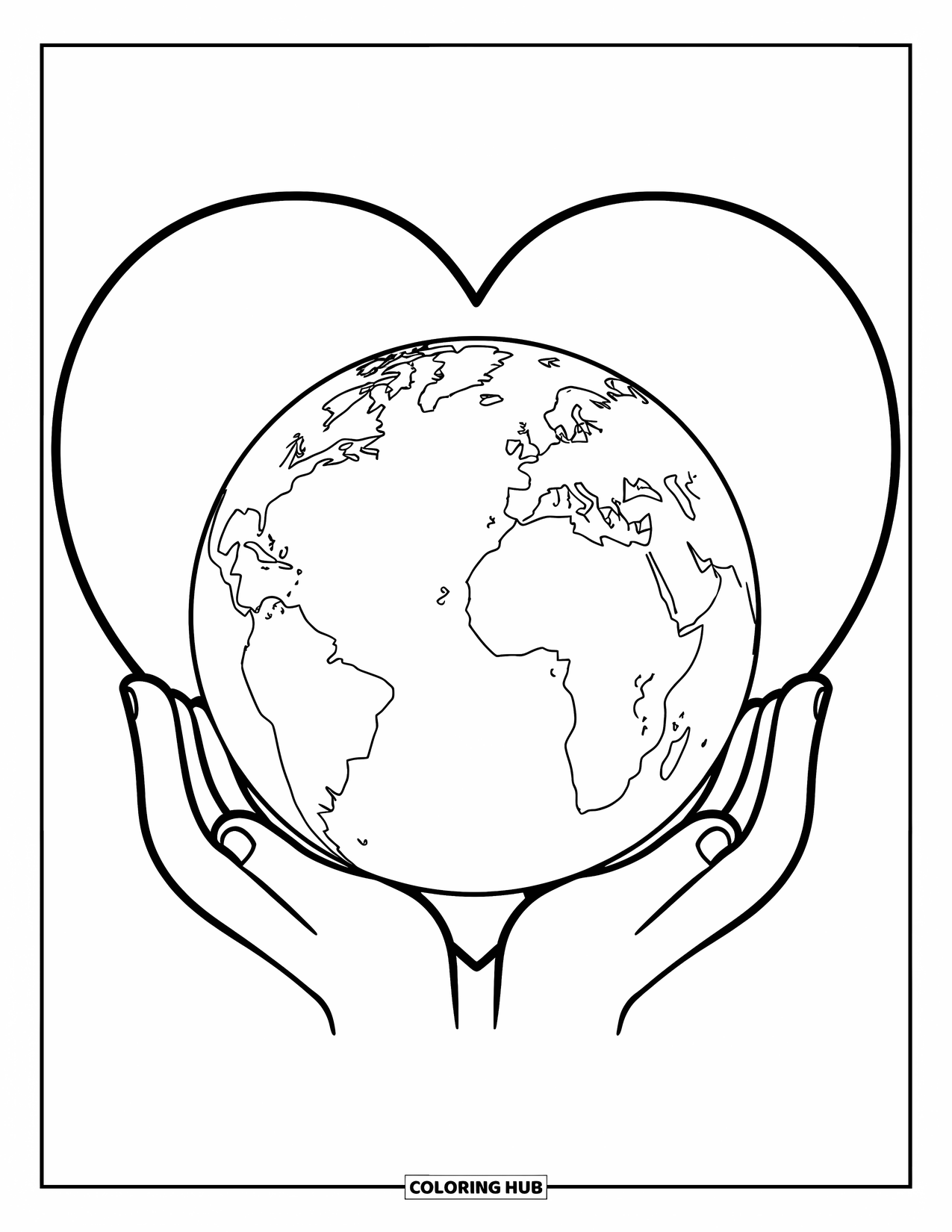 Coloriage Terre pour enfants : la Terre tenue par des mains avec une forme de cœur derrière elle, avec des continents et des étendues d’eau