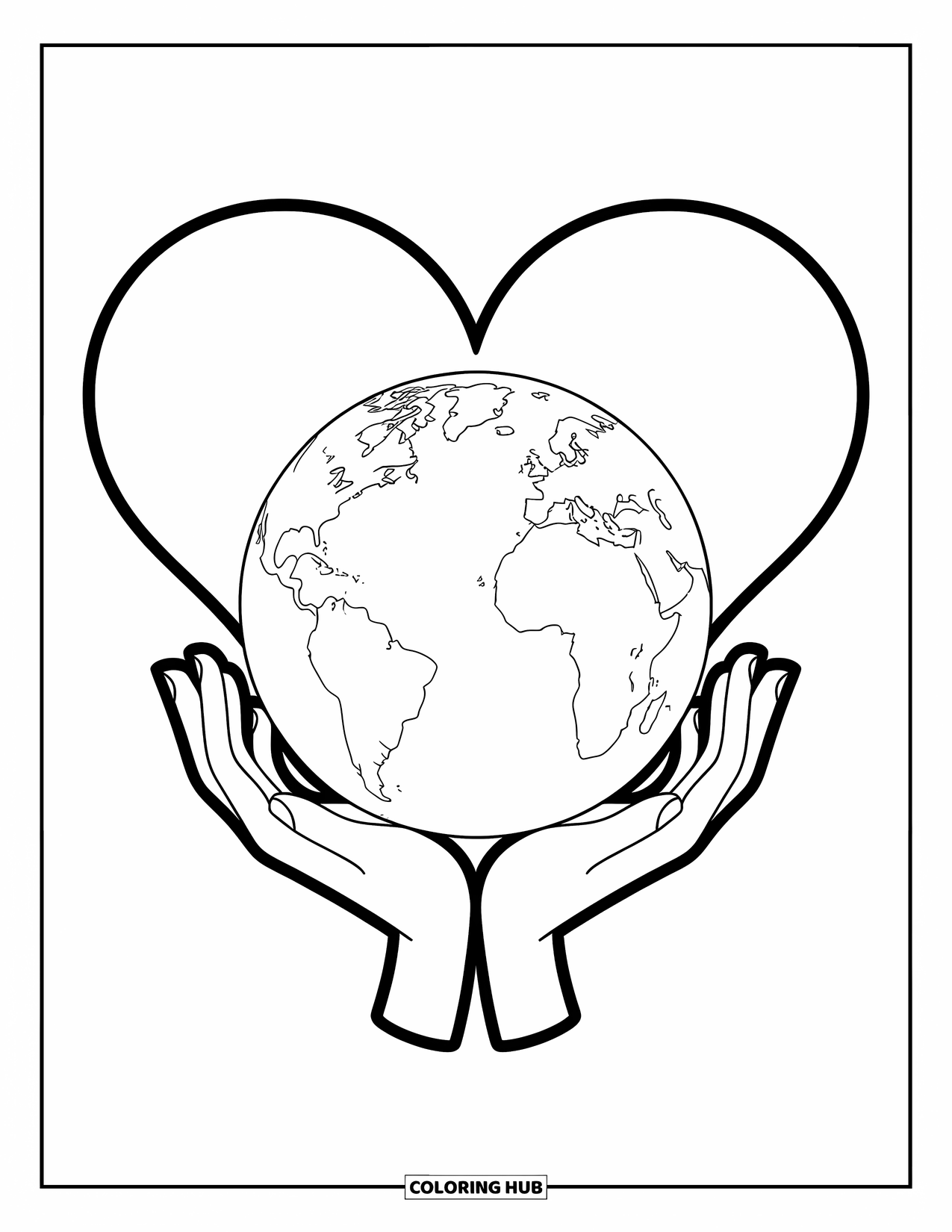 Coloriage Terre pour enfants : la Terre tenue par de petites mains avec une forme de cœur derrière elle, sur un fond blanc