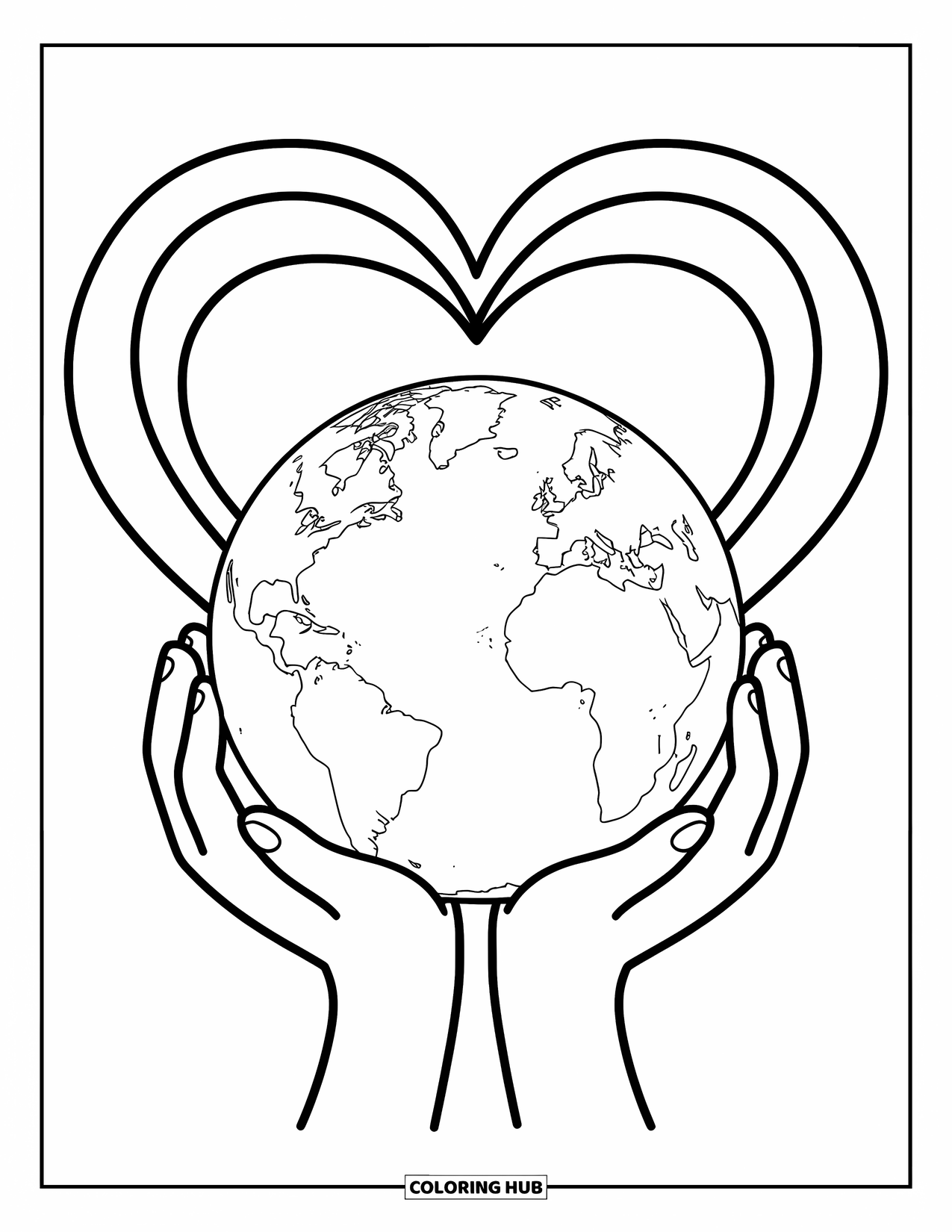 Coloriage Terre pour enfants : la Terre tenue par deux petites mains, avec une forme de cœur derrière elle, sur un fond blanc