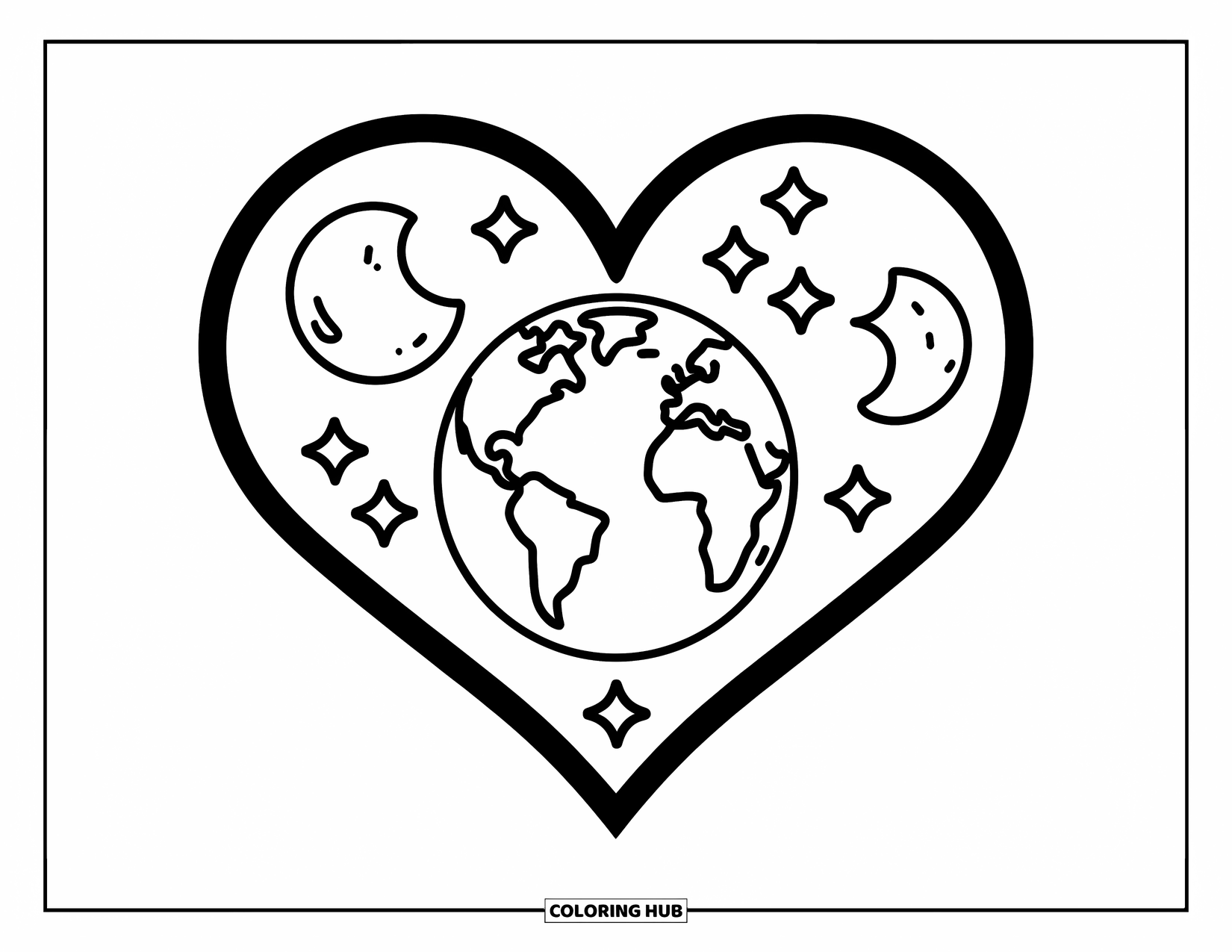 Coloriage Terre pour enfants : la Terre à l’intérieur d’un cœur avec de petites étoiles et une lune, sur un fond blanc