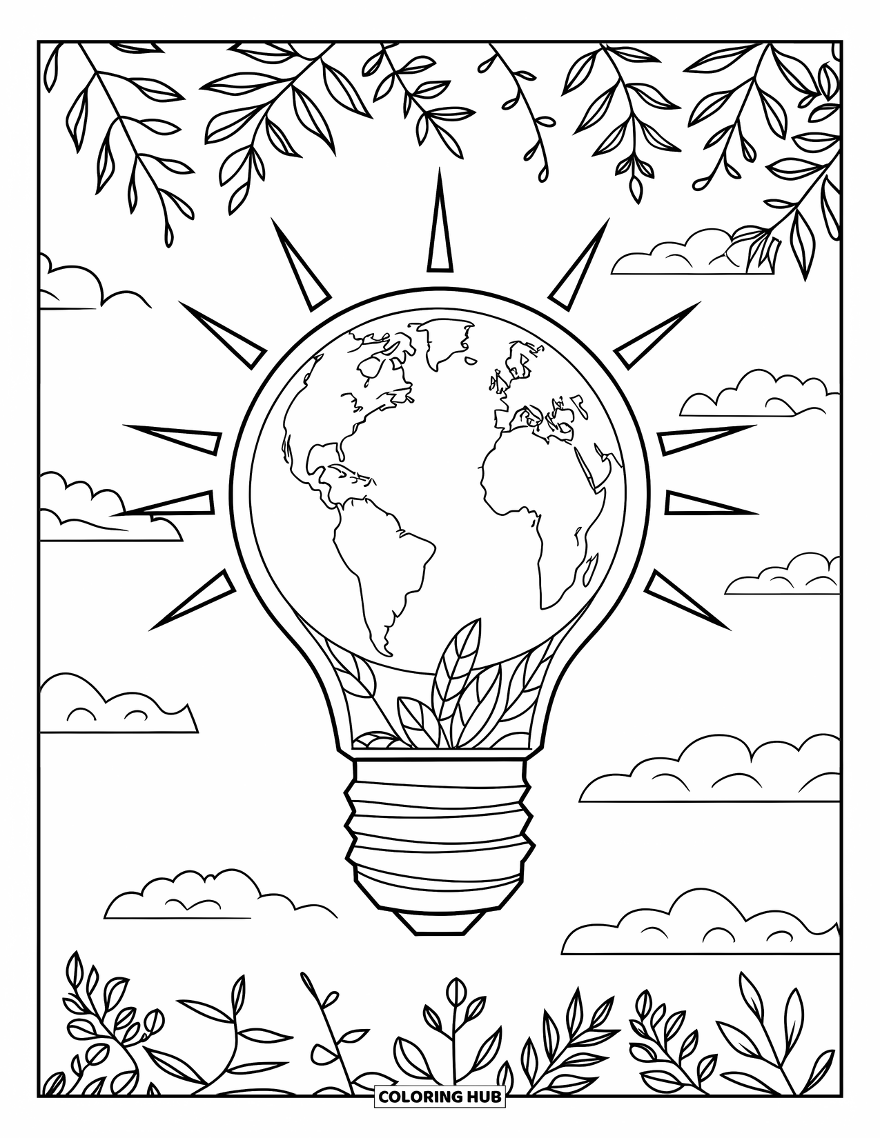 Coloriage Terre pour enfants : la Terre à l’intérieur d’une ampoule, entourée de rayons de soleil et de feuilles, suspendue à une branche