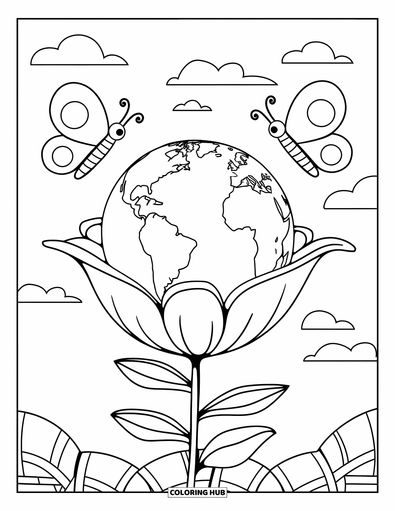 Coloriage Terre pour enfants : la Terre sur une tige de fleur, avec des papillons et des nuages duveteux en arrière-plan