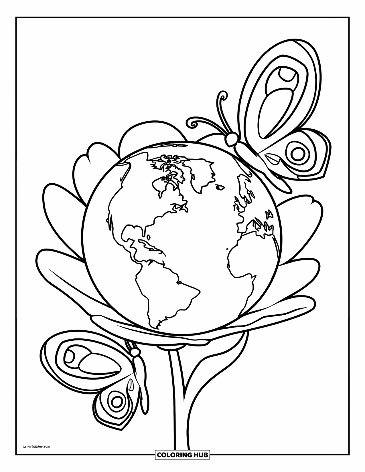 Coloriage Terre pour enfants : la Terre reposant sur une tige de fleur, entourée de deux papillons, avec des formes faciles à colorier