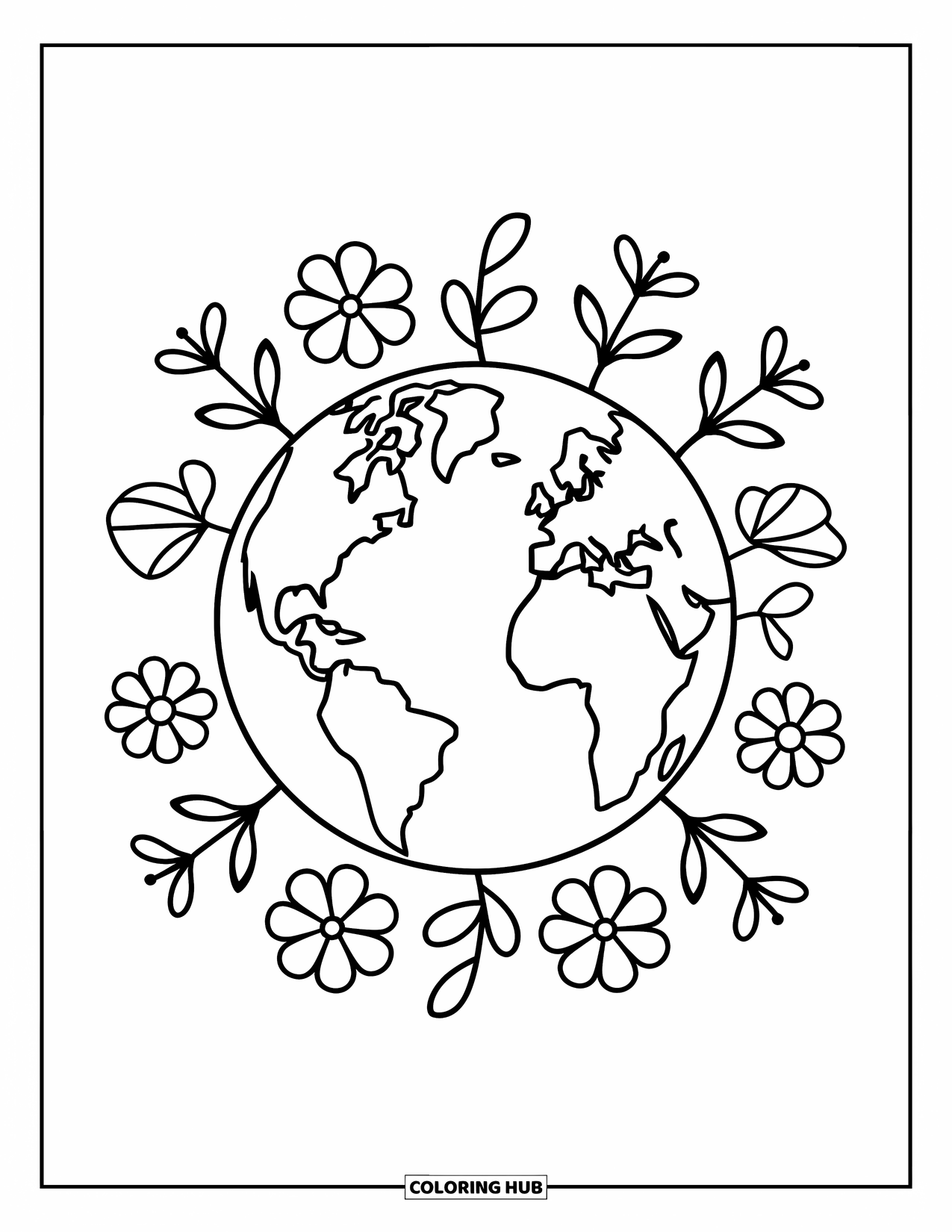 Coloriage Terre pour enfants : la Terre entourée de fleurs et de feuilles, avec une ambiance joyeuse et ludique