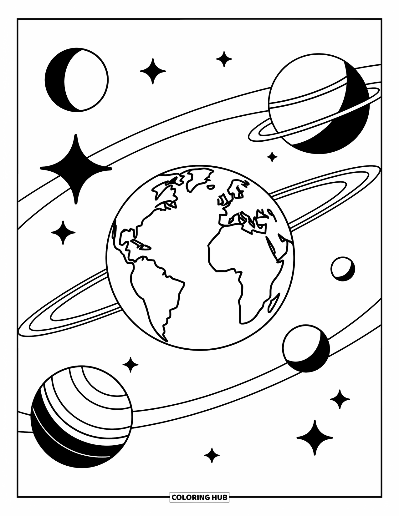 Coloriage Terre pour enfants : la Terre entourée de planètes et d’étoiles en orbite, avec des contours audacieux et un fond blanc