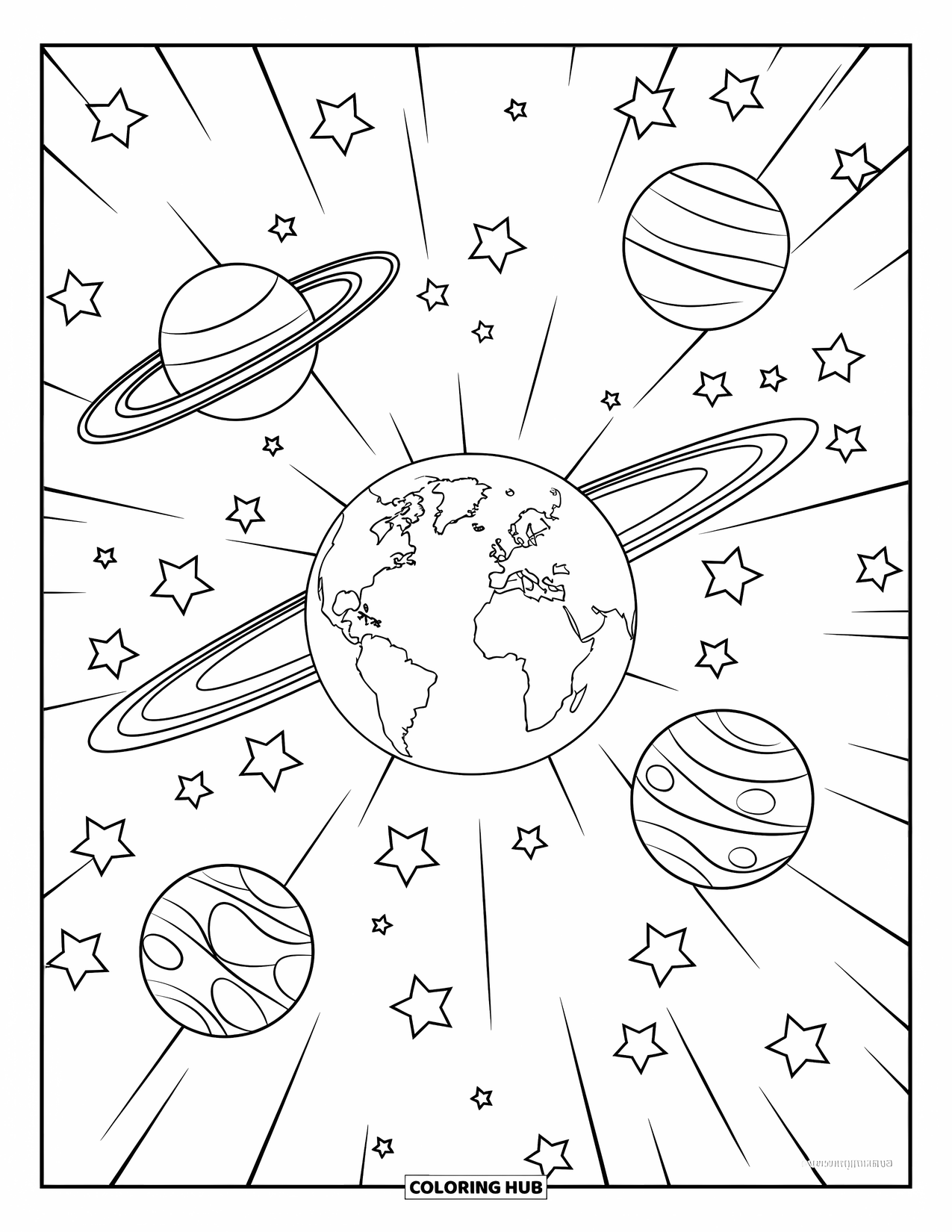 Coloriage Terre pour enfants : la Terre entourée de planètes en orbite, d’étoiles et d’anneaux, avec des lignes claires et audacieuses sur un fond blanc