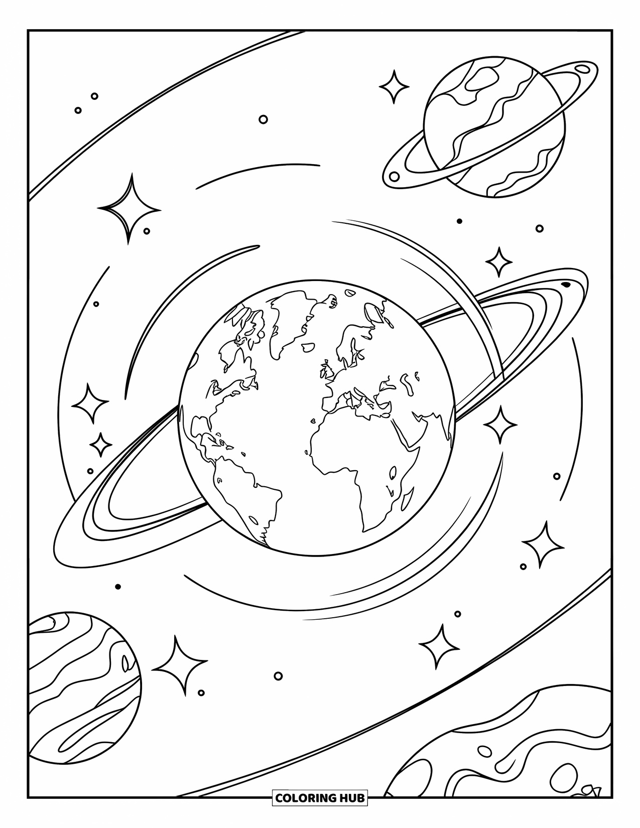 Coloriage Terre pour enfants : la Terre entourée de planètes et d’étoiles, avec des contours nets et audacieux et une ambiance moderne