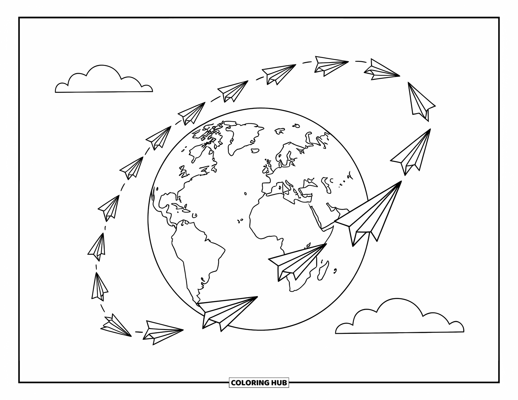 Coloriage Terre pour enfants : la Terre avec des avions en papier qui tournent autour, sur un ciel bleu profond avec des nuages