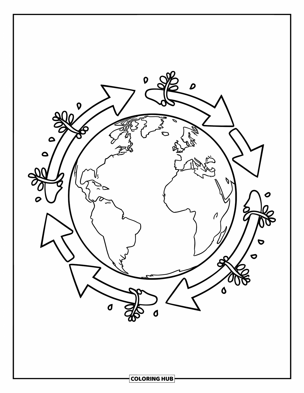 Coloriage Terre pour enfants : la Terre avec des flèches de recyclage, entourée de plantes et de gouttelettes d’eau sur un fond blanc