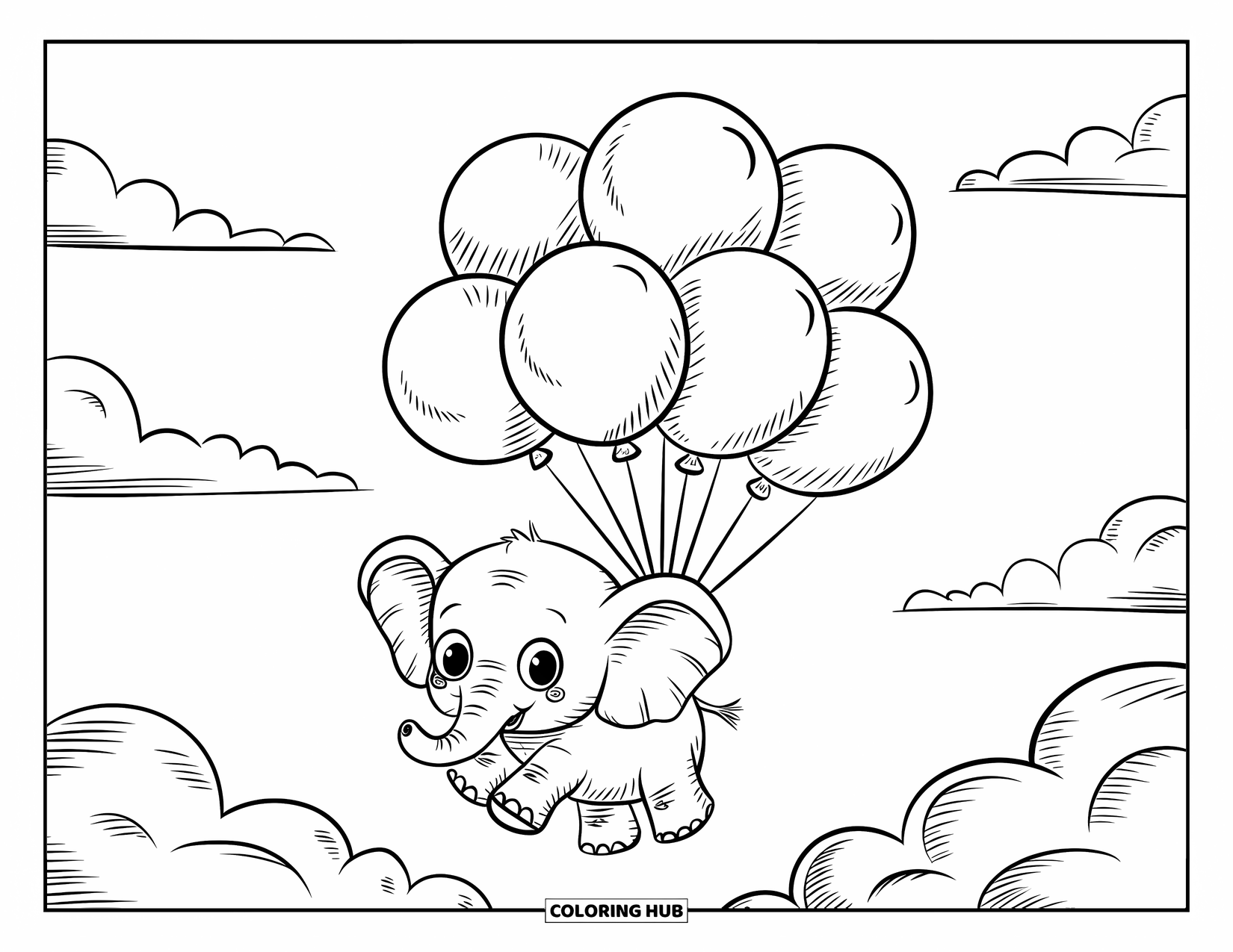Kolorowanka ze słoniem dla dorosłych: Słonik unosi się po niebie, podnoszony przez przerośnięte balony, otoczony puszystymi chmurami