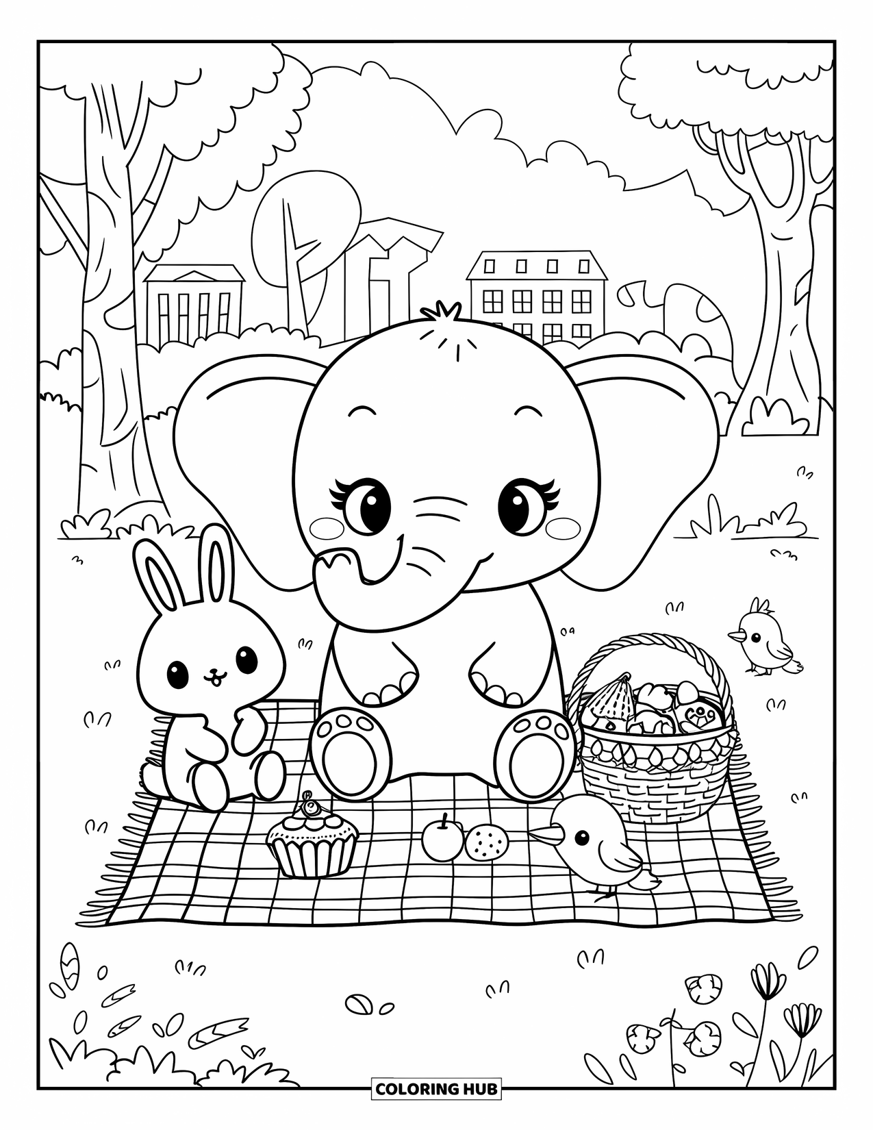 Kolorowanka ze słoniem dla dorosłych: Słonik cieszy się piknikiem na kraciastym kocu, otoczony króliczkiem, wiewiórką i ptakiem