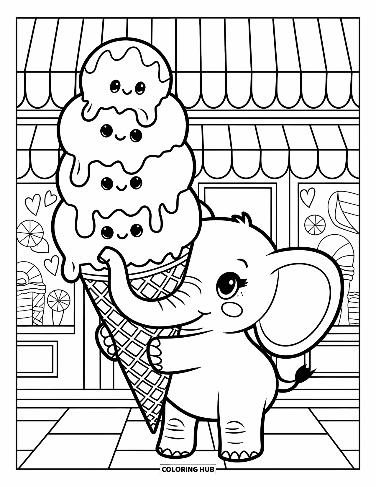 Kolorowanka ze słoniem dla dorosłych: Słonik trzyma gigantyczny rożek lodowy z uśmiechniętymi gałkami, stojąc w pobliżu sklepu ze słodyczami