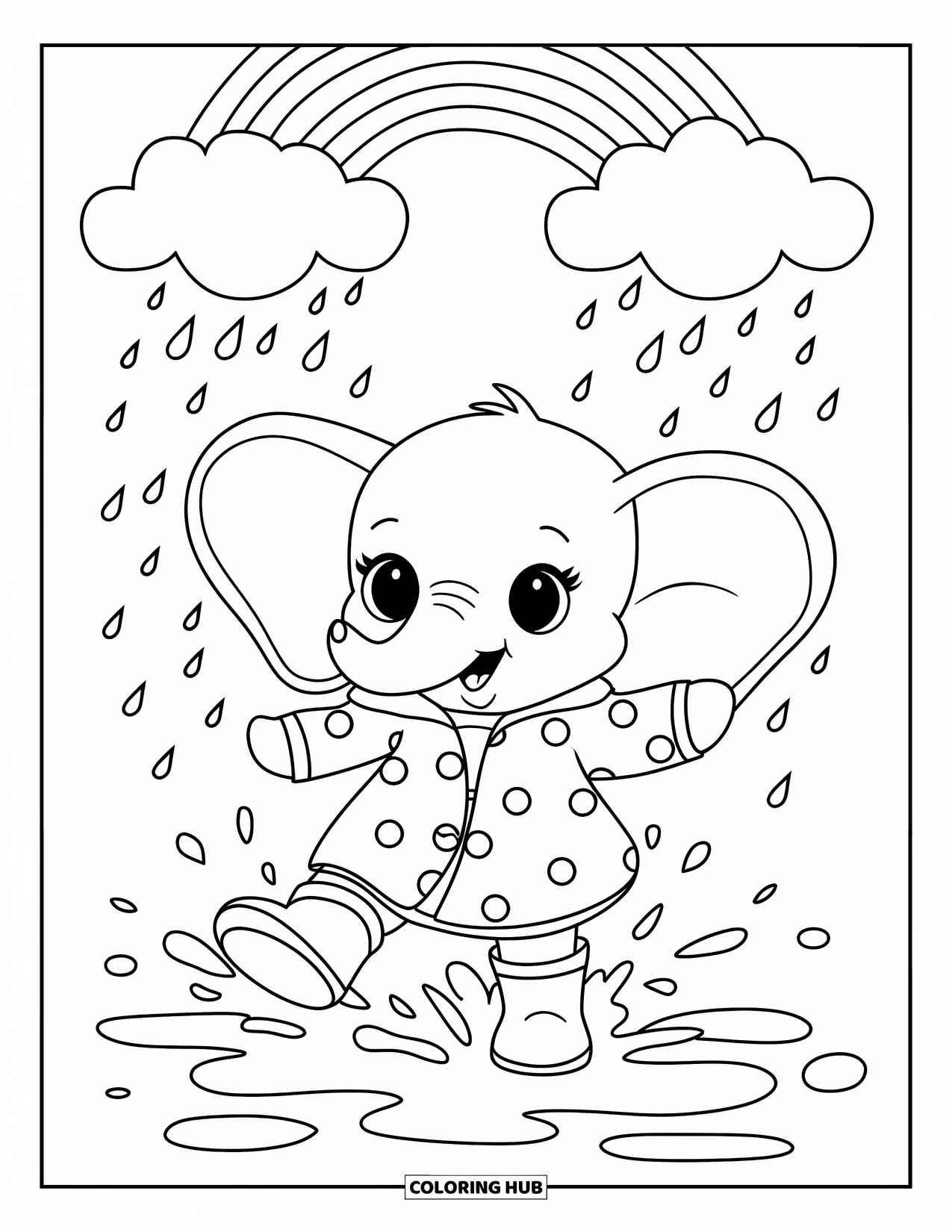 Kolorowanka ze słoniem dla dorosłych: Słonik w płaszczu przeciwdeszczowym w kropki radośnie pluska się w kałużach pod kroplami deszczu w kształcie serca