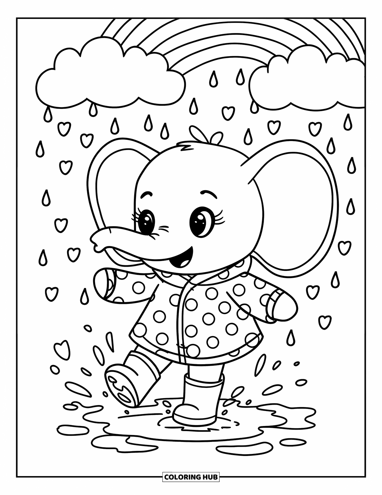 Kolorowanka ze słoniem dla dorosłych: Słonik w płaszczu przeciwdeszczowym i butach radośnie pluska się w kałużach w deszczowy dzień