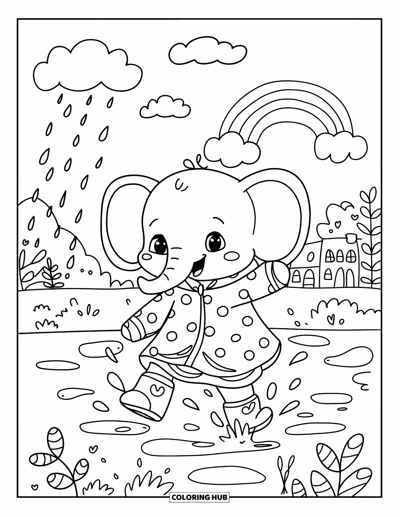 Kolorowanka ze słoniem dla dorosłych: Słonik w płaszczu przeciwdeszczowym bawi się w kałużach, gdy krople deszczu w kształcie serca spadają z nieba