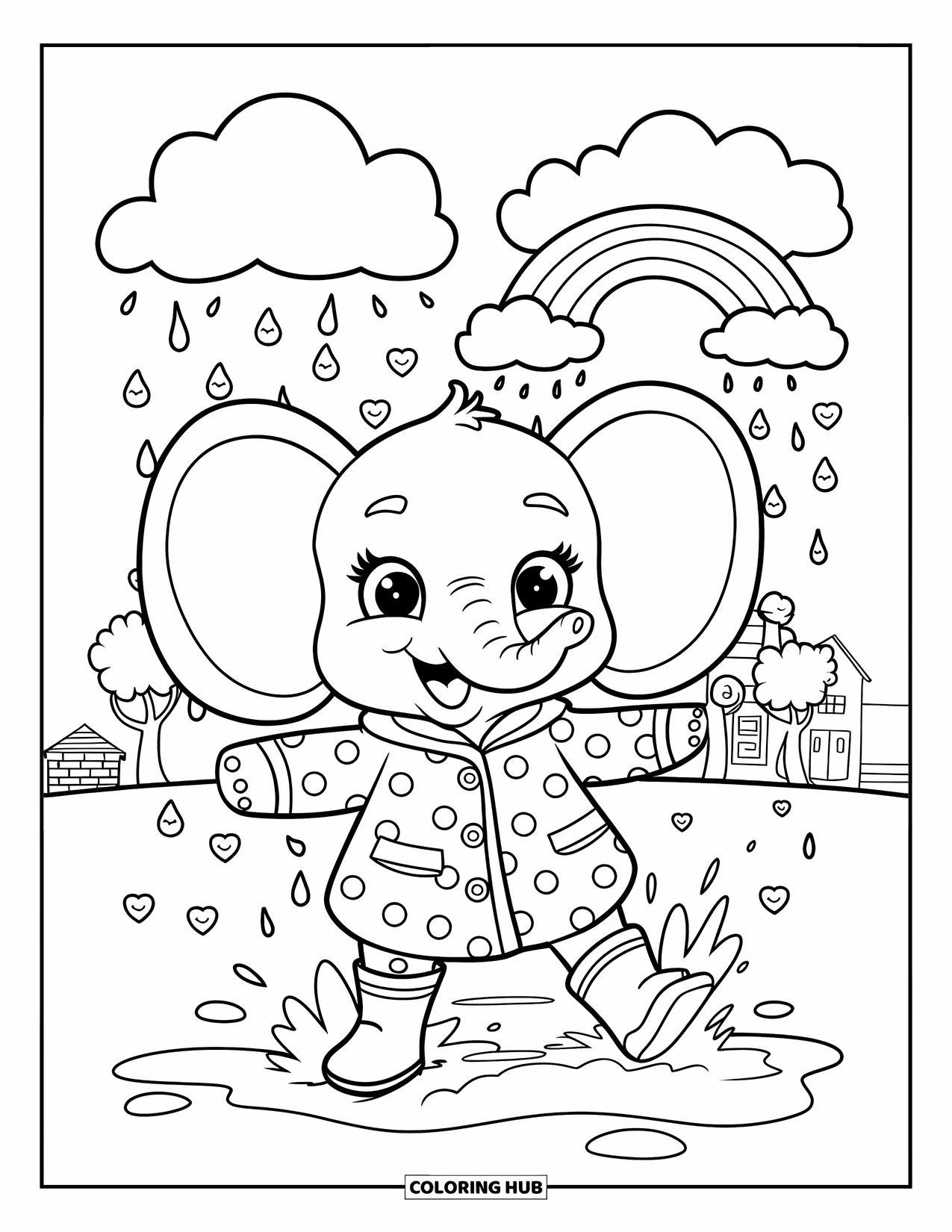 Kolorowanka ze słoniem dla dorosłych: Słonik w malutkich butach skacze po kałużach, a tęcza wygląda zza chmur