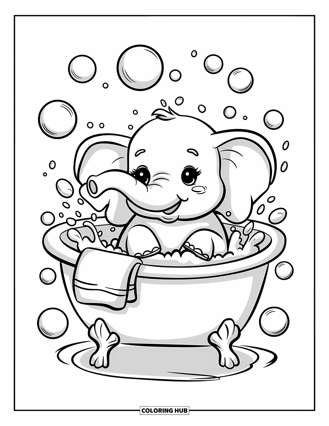 Kolorowanka ze słoniem dla dorosłych: Słonik relaksuje się w wannie, radośnie pryskając wodą trąbą