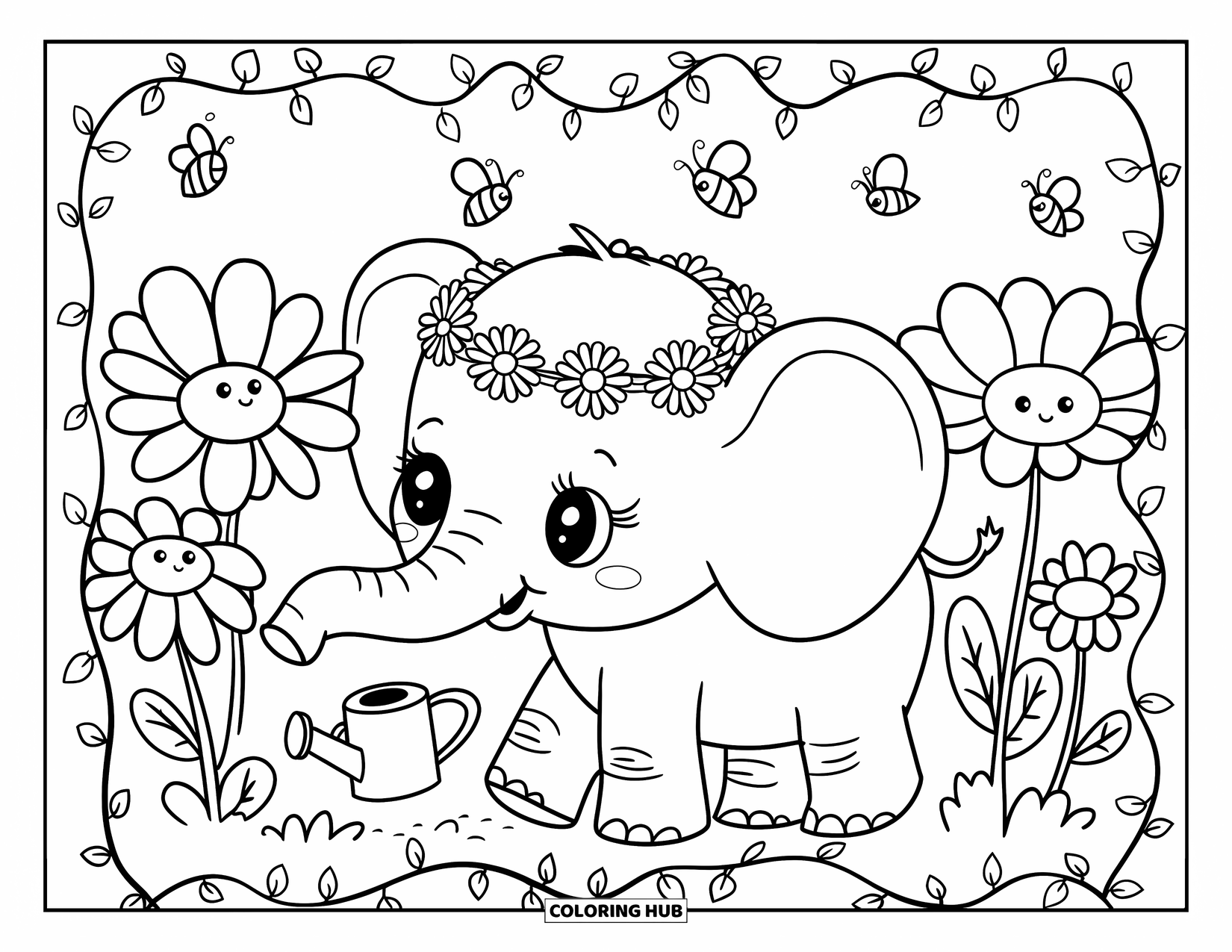 Kolorowanka ze słoniem dla dorosłych: Słonik w wianku z stokrotek idzie przez pole przerośniętych kwiatów, otoczony pszczołami i motylami