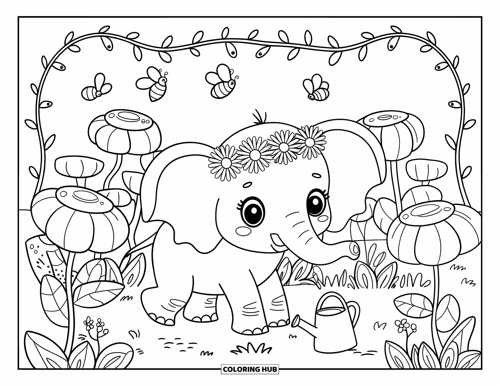 Kolorowanka ze słoniem dla dorosłych: Słonik z wiankiem z stokrotek odkrywa kwiatowy krajobraz, otoczony zabawnymi miniaturowymi elementami