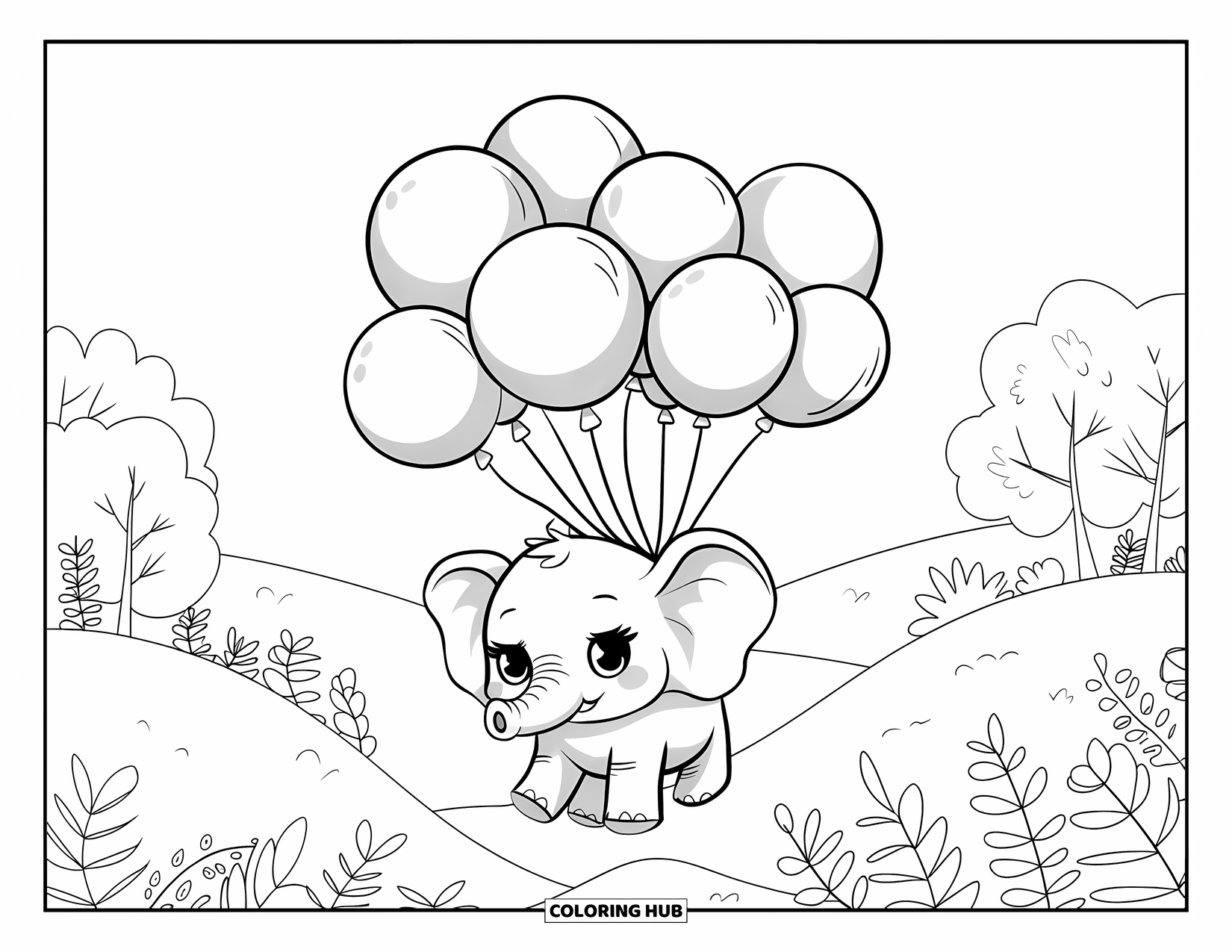 Kolorowanka ze słoniem dla dorosłych: Słonik z balonami unosi się nad pofałdowanymi wzgórzami, otoczony zabawnymi, kapryśnymi elementami