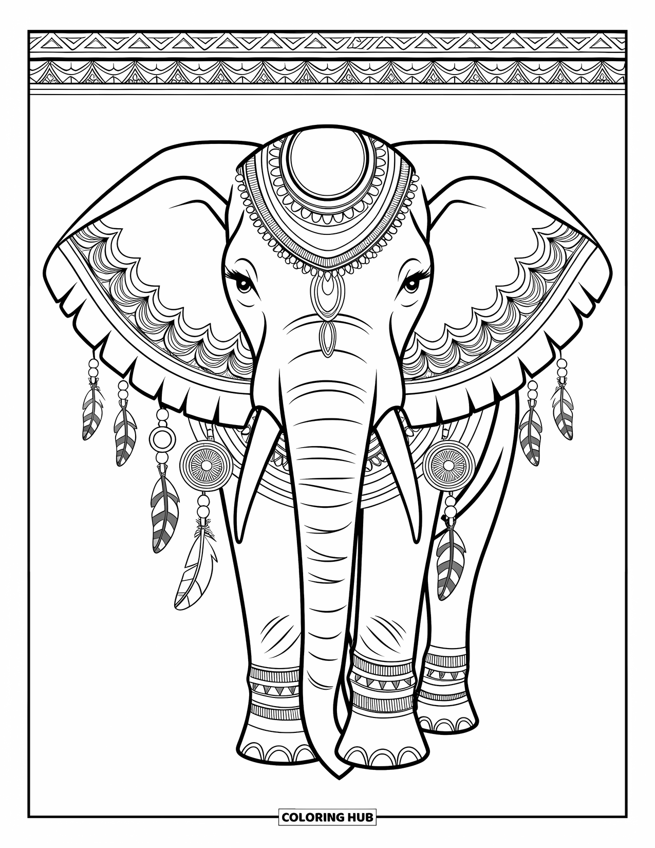Kolorowanka ze słoniem dla dorosłych: Artystyczny słoń w stylu bohemy z plemiennymi ozdobami stoi na tle szczegółowego, wzorzystego tła