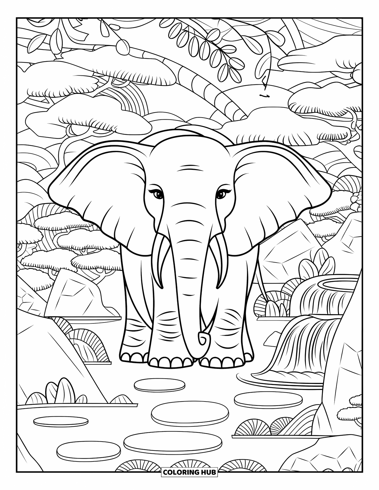 Kolorowanka ze słoniem dla dorosłych: Spokojny słoń cieszy się spokojną atmosferą ogrodu Zen z wodospadem i drzewami