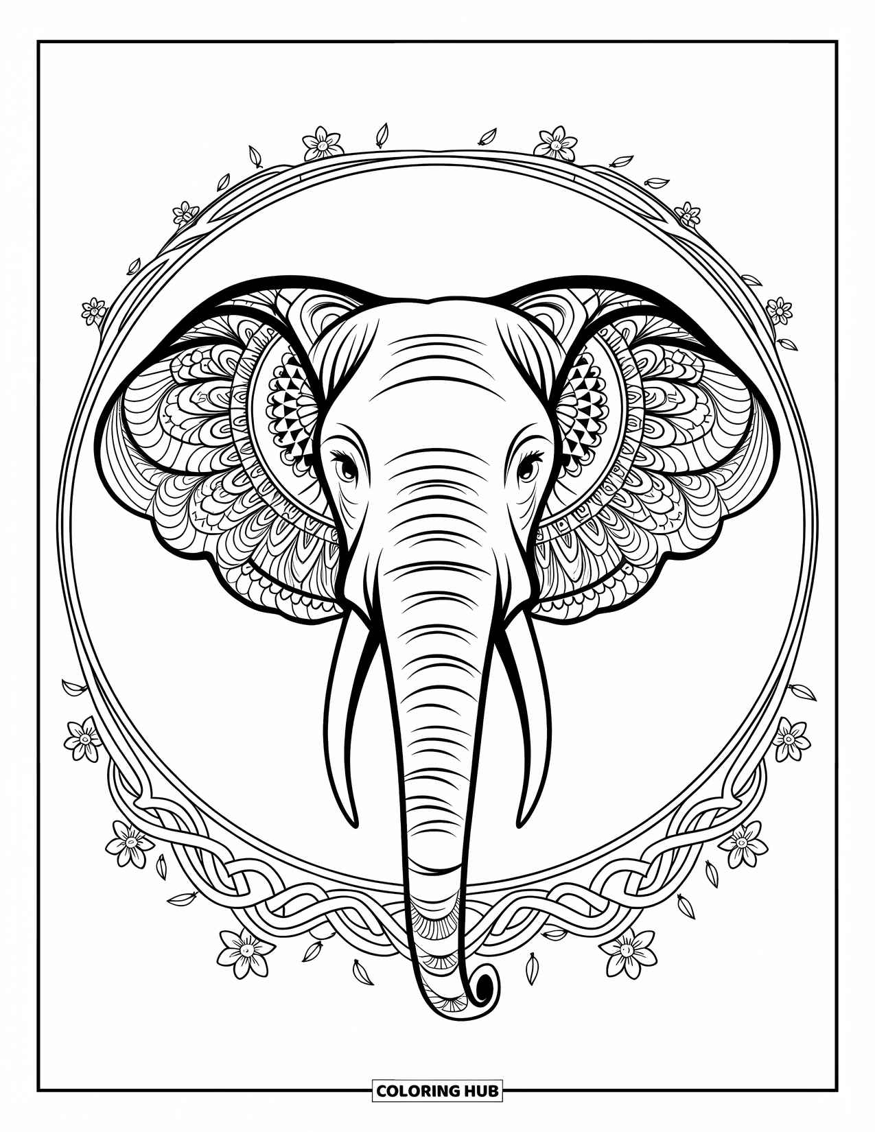Kolorowanka ze słoniem dla dorosłych: Szczegółowa twarz słonia z wzorami mandali ma pogodny wyraz i kwiatowe obramowania