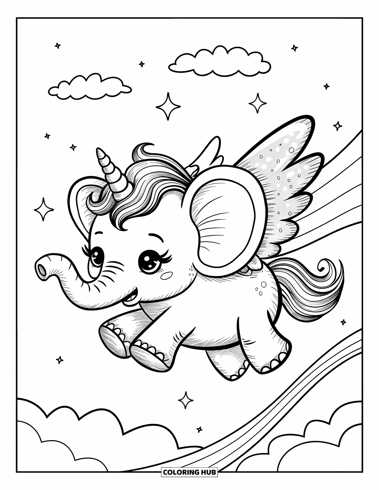 Kolorowanka ze słoniem dla dorosłych: Słoń jednorożec kawaii z błyszczącymi skrzydłami radośnie lata po kapryśnym, sennym niebie