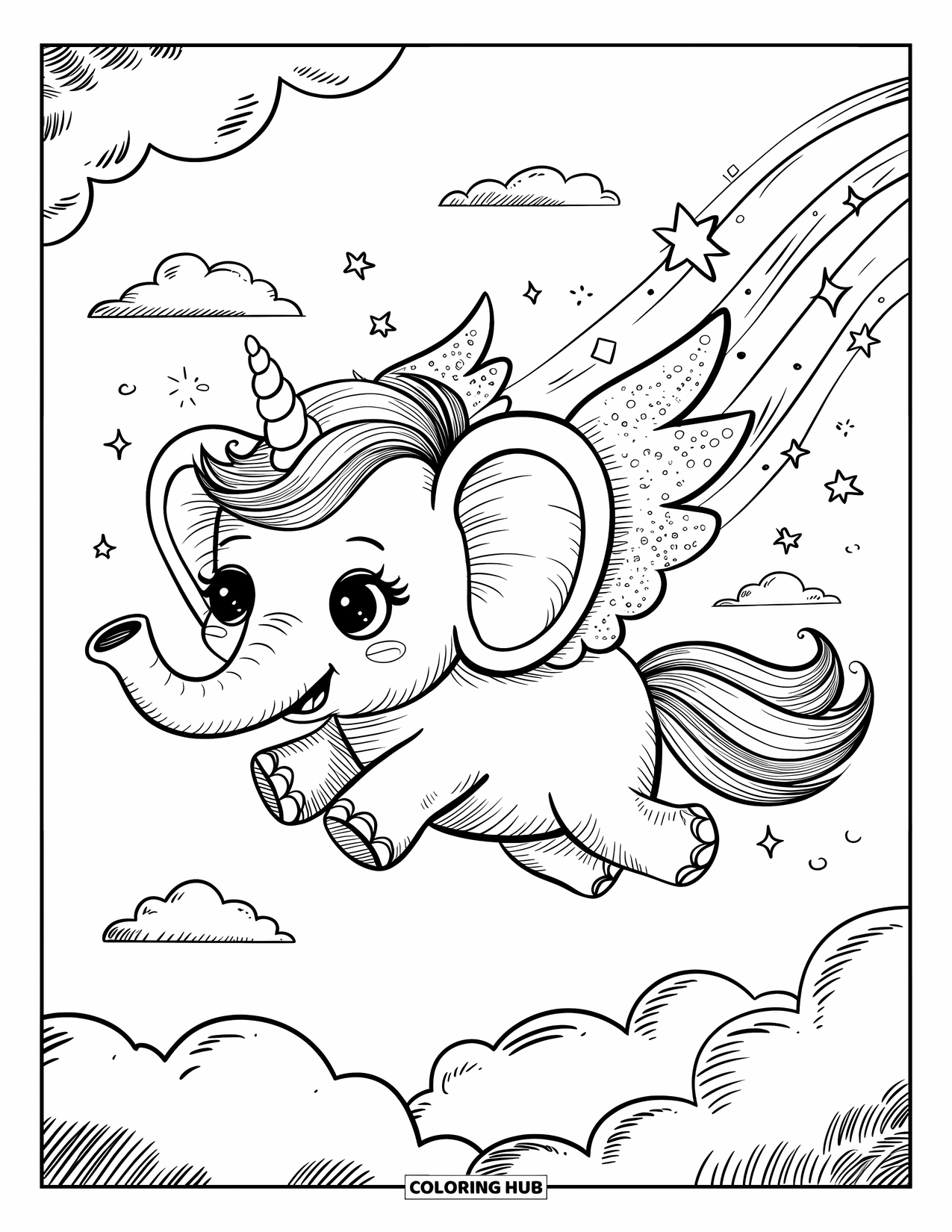 Kolorowanka ze słoniem dla dorosłych: Magiczny słoń z rogiem jednorożca i skrzydłami lata po sennym niebie ze śladami tęczy