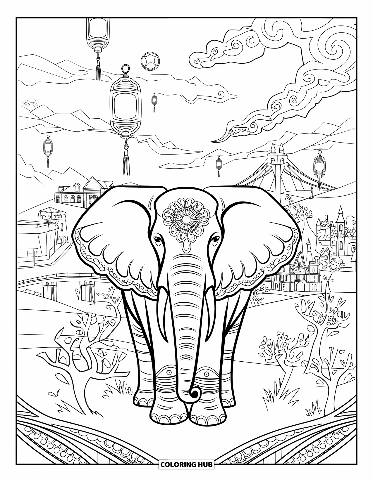 Kolorowanka ze słoniem dla dorosłych: Majestatyczny słoń stoi w fantastycznym krajobrazie wypełnionym unoszącymi się lampionami i świecącymi drzewami