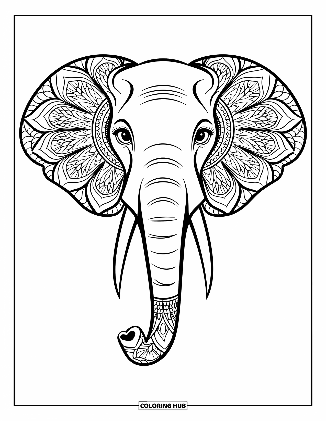 Kolorowanka ze słoniem dla dorosłych: Wypełniona mandalą twarz słonia z geometrycznymi kształtami i wzorami na czystym tle