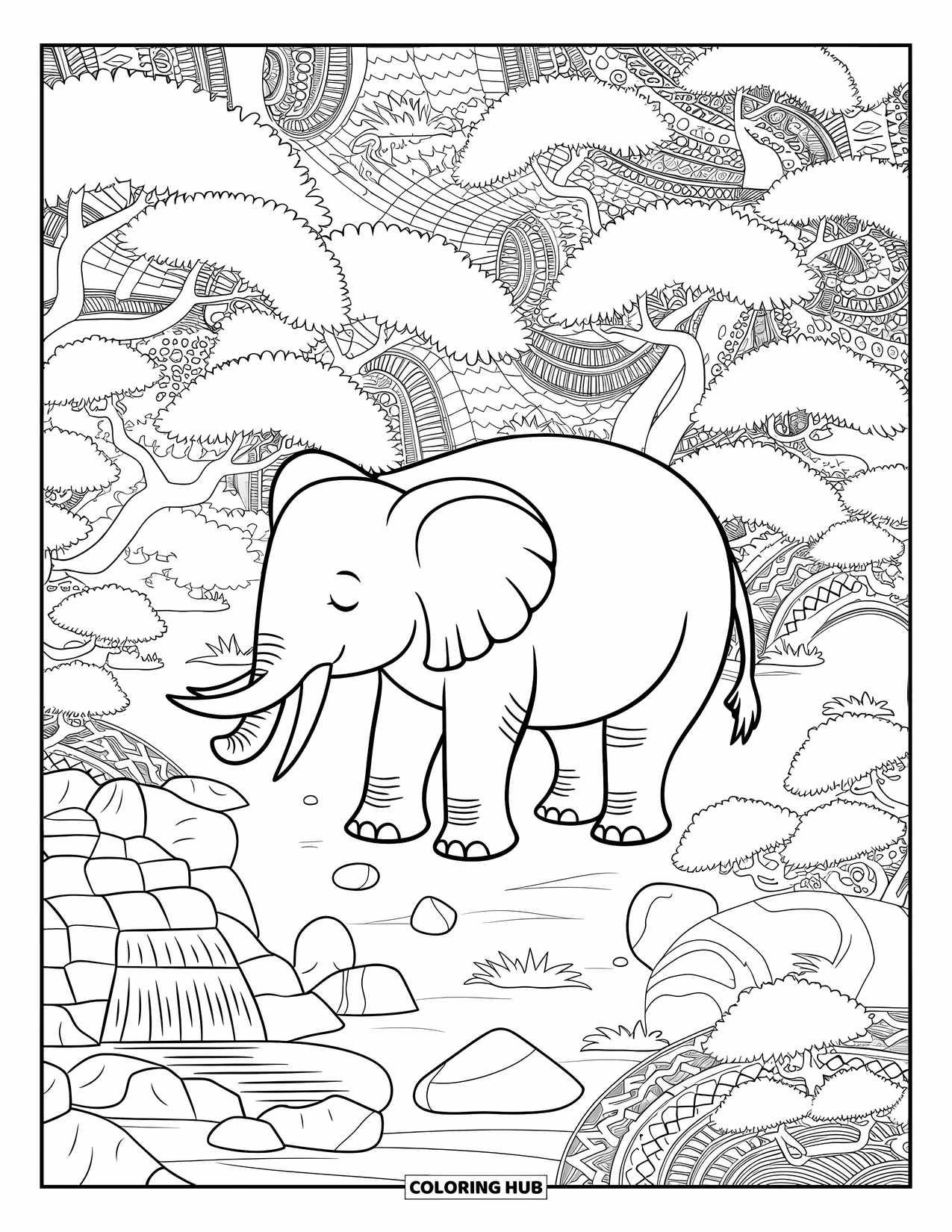 Kolorowanka ze słoniem dla dorosłych: Spokojny słoń stoi w spokojnym ogrodzie Zen, otoczony drzewkami bonsai i wodospadem