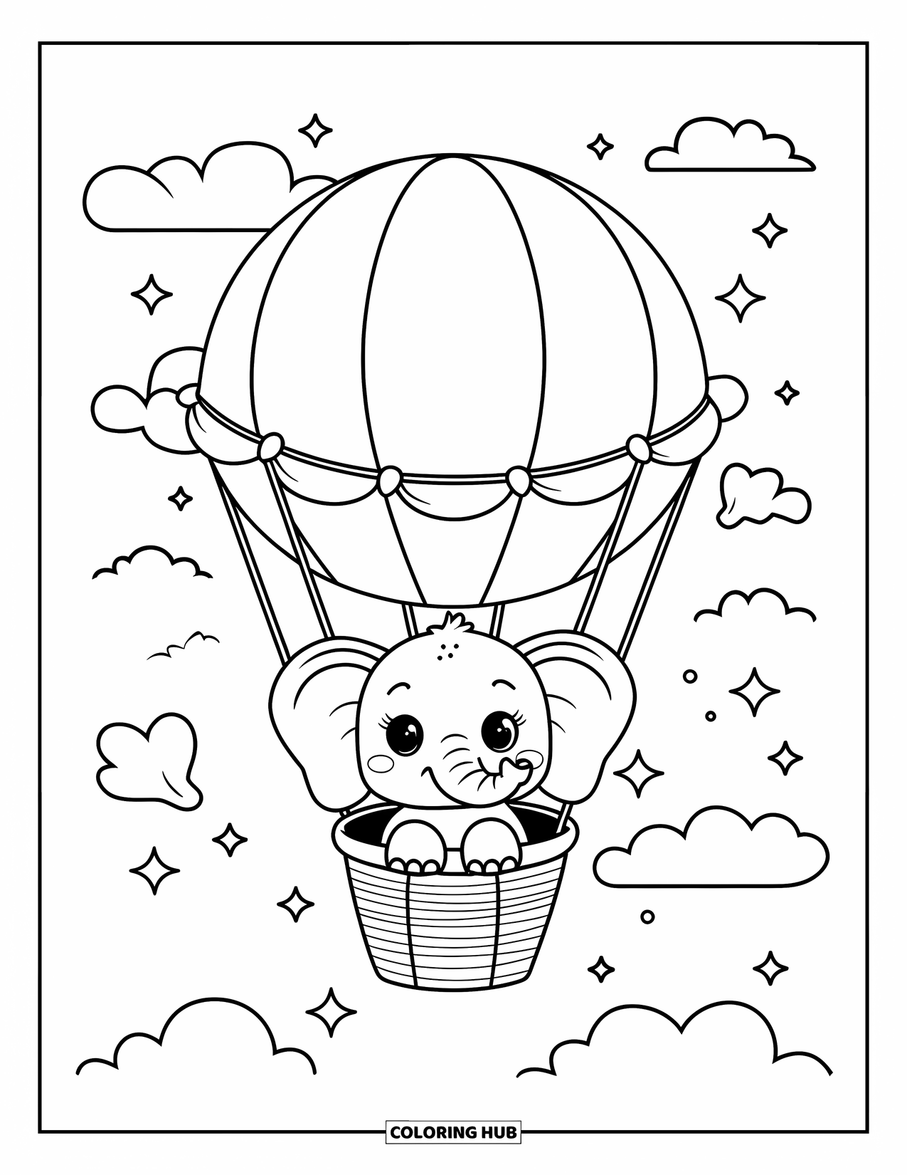Kolorowanka ze słoniem dla dorosłych: Malutki słoń macha z balonu na gorące powietrze, szybując po sennym, gwiaździstym niebie