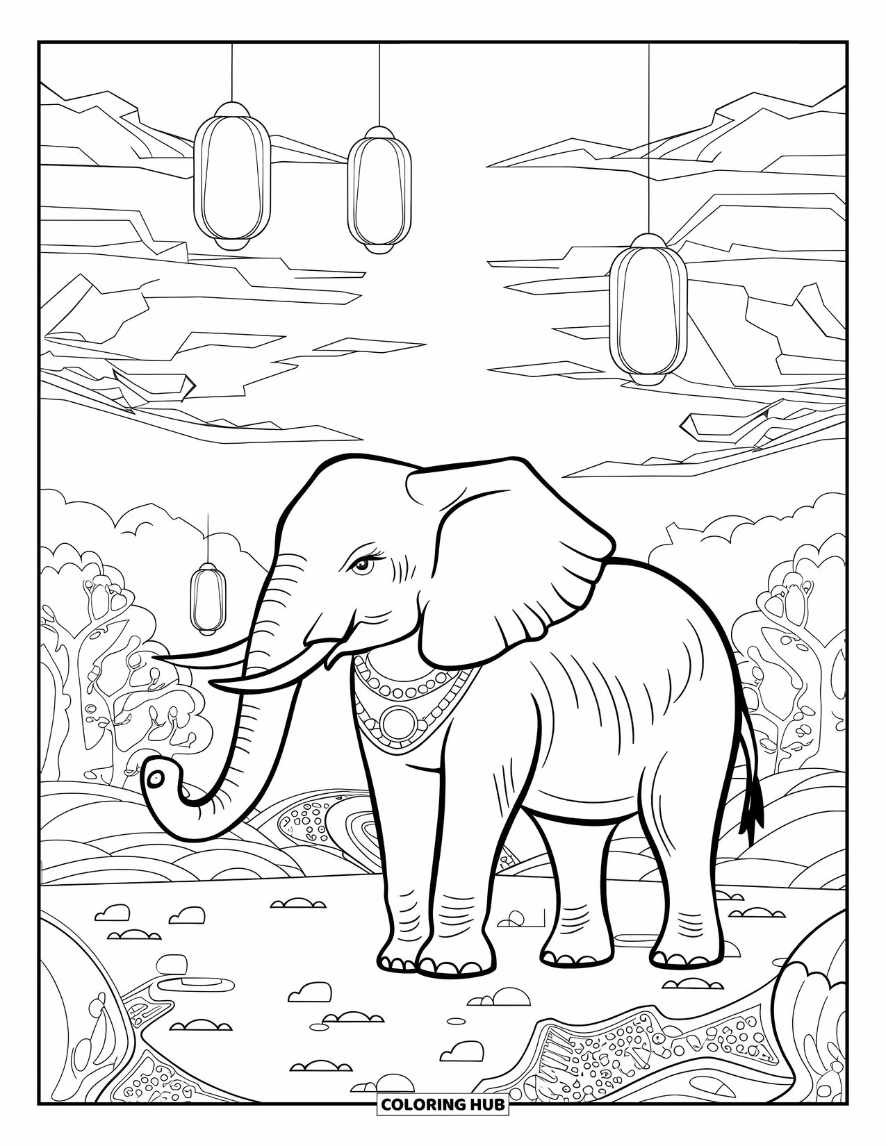 Kolorowanka ze słoniem dla dorosłych: Słoń ozdobiony biżuterią stoi w fantastycznej scenerii ze świecącymi drzewami i unoszącymi się lampionami