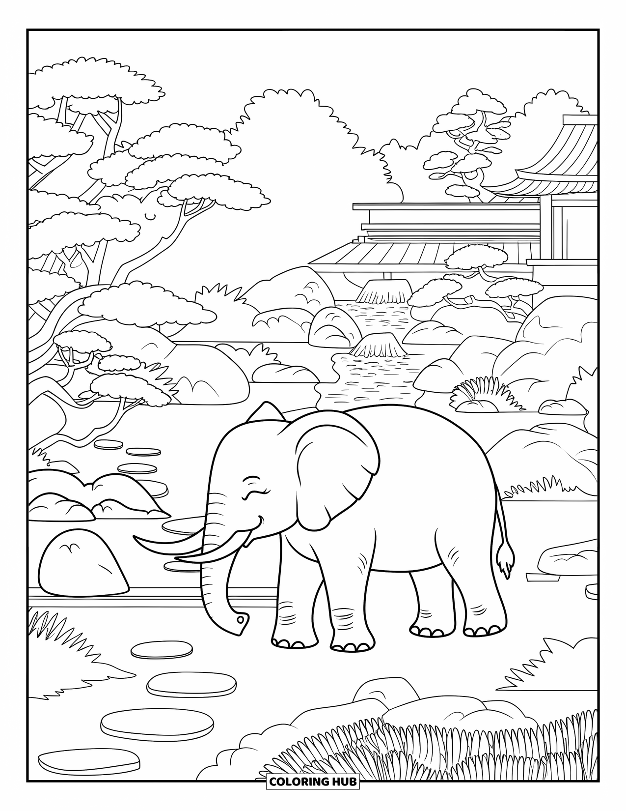 Kolorowanka ze słoniem dla dorosłych: Słoń relaksuje się w ogrodzie Zen, otoczony drzewkami bonsai, kamieniami i delikatnym wodospadem