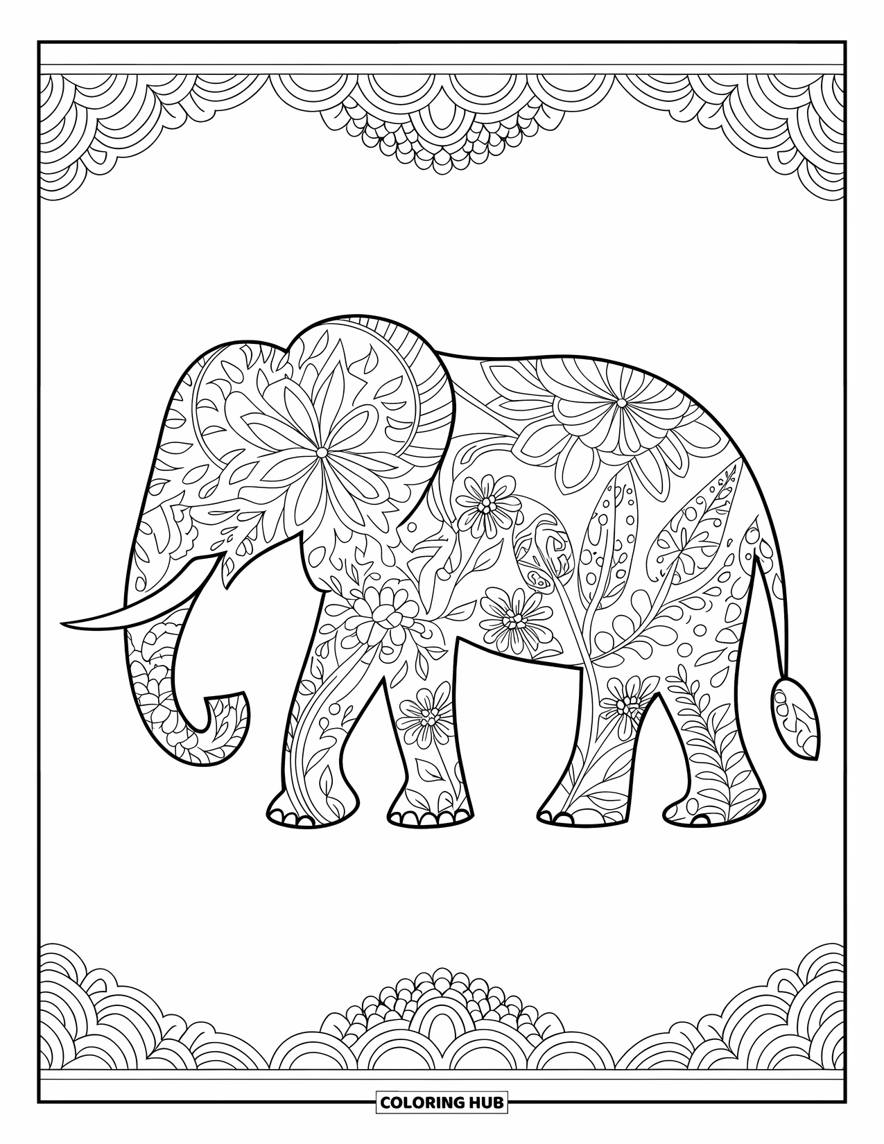 Kolorowanka ze słoniem dla dorosłych: Sylwetka słonia jest wypełniona skomplikowanymi kwiatowymi wzorami, otoczona elementami dekoracyjnymi