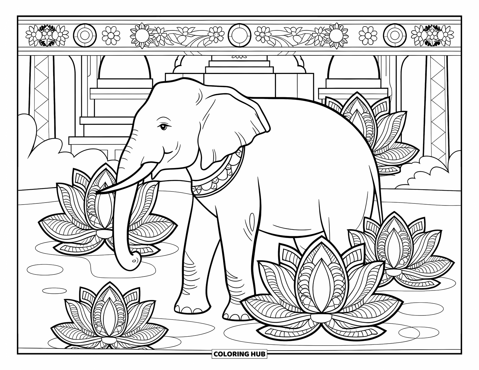 Kolorowanka ze słoniem dla dorosłych: Słoń stoi spokojnie wśród dużych kwiatów lotosu w stawie, z świątynią w tle
