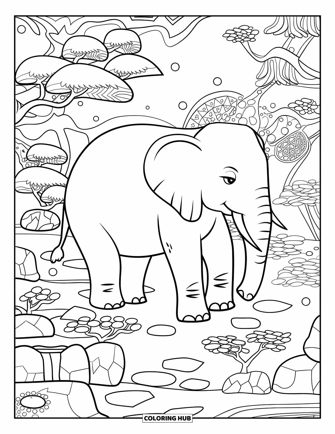Kolorowanka ze słoniem dla dorosłych: Słoń stoi spokojnie w ogrodzie Zen, otoczony skomplikowanymi elementami artystycznymi