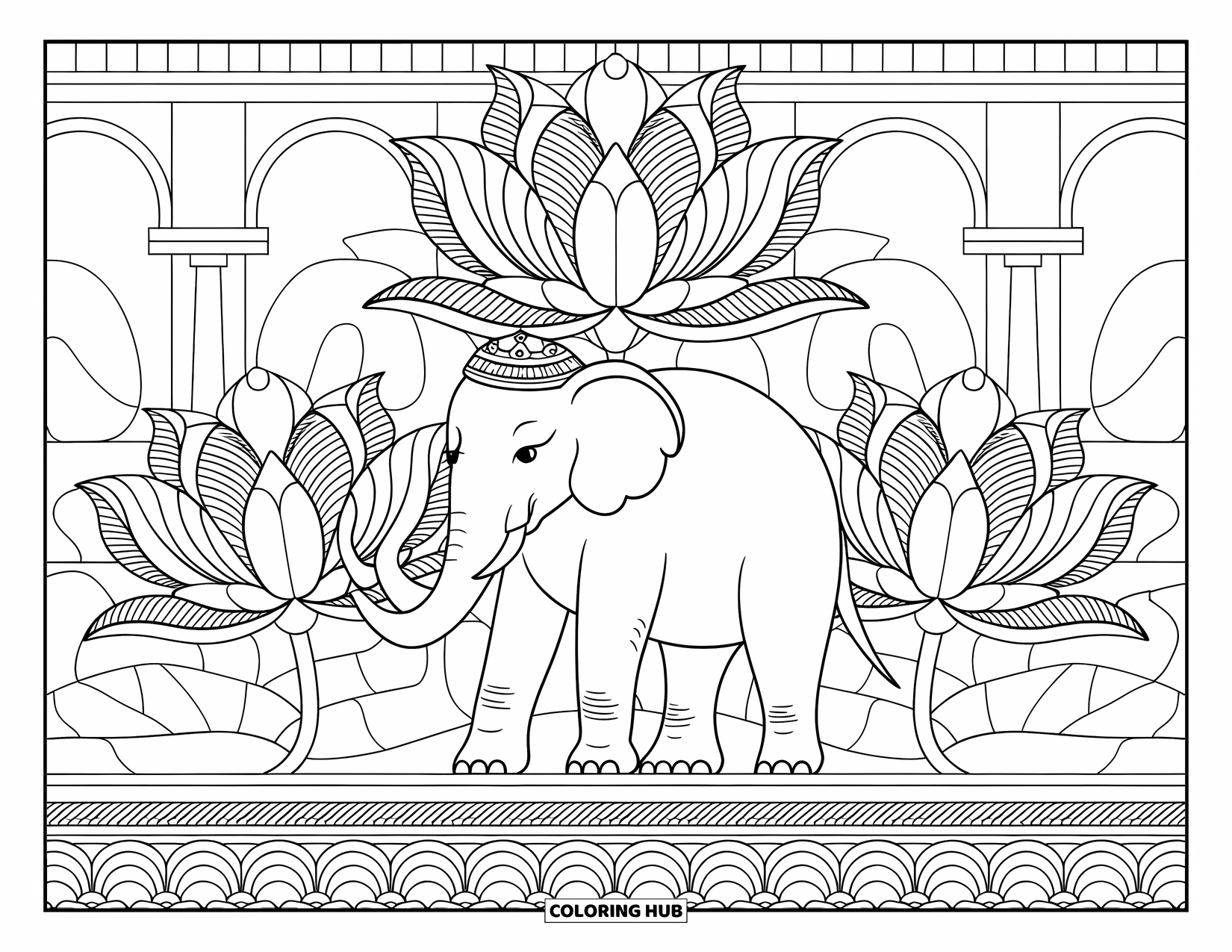 Kolorowanka ze słoniem dla dorosłych: Słoń w królewskim nakryciu głowy stoi wśród szczegółowych kwiatów lotosu z pałacem za nim