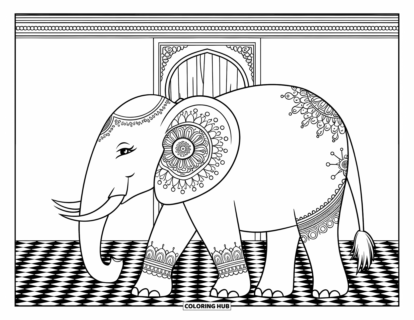 Kolorowanka ze słoniem dla dorosłych: Słoń z delikatnymi wzorami henny stoi na szachownicowej podłodze w scenerii inspirowanej Marokiem