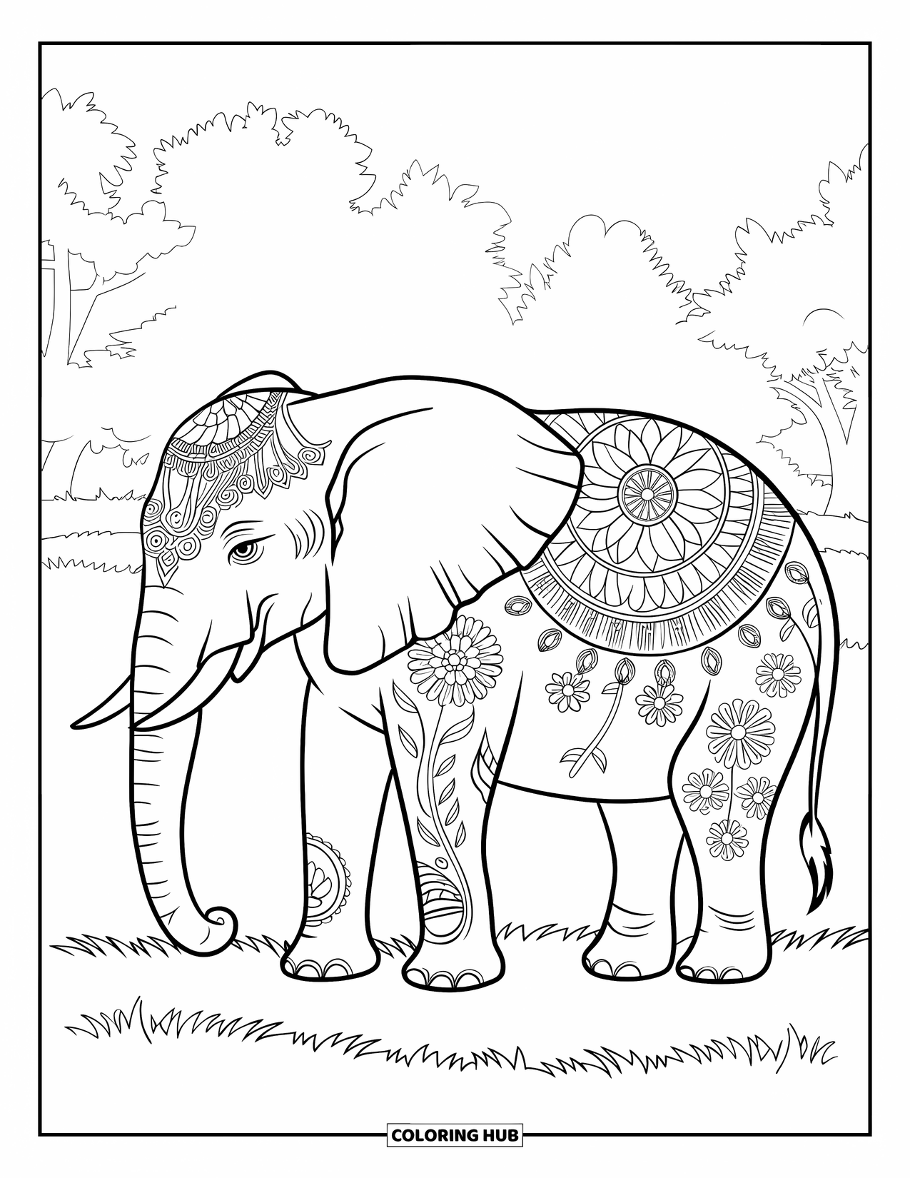 Kolorowanka ze słoniem dla dorosłych: Słoń z kwiatowymi wzorami stoi na trawiastym polu z drzewami w tle