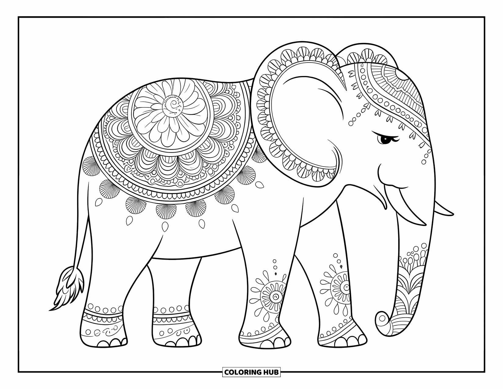 Kolorowanka ze słoniem dla dorosłych: Słoń ze skomplikowanymi wzorami inspirowanymi henną stoi na zwykłym tle ze spokojnym wyrazem twarzy