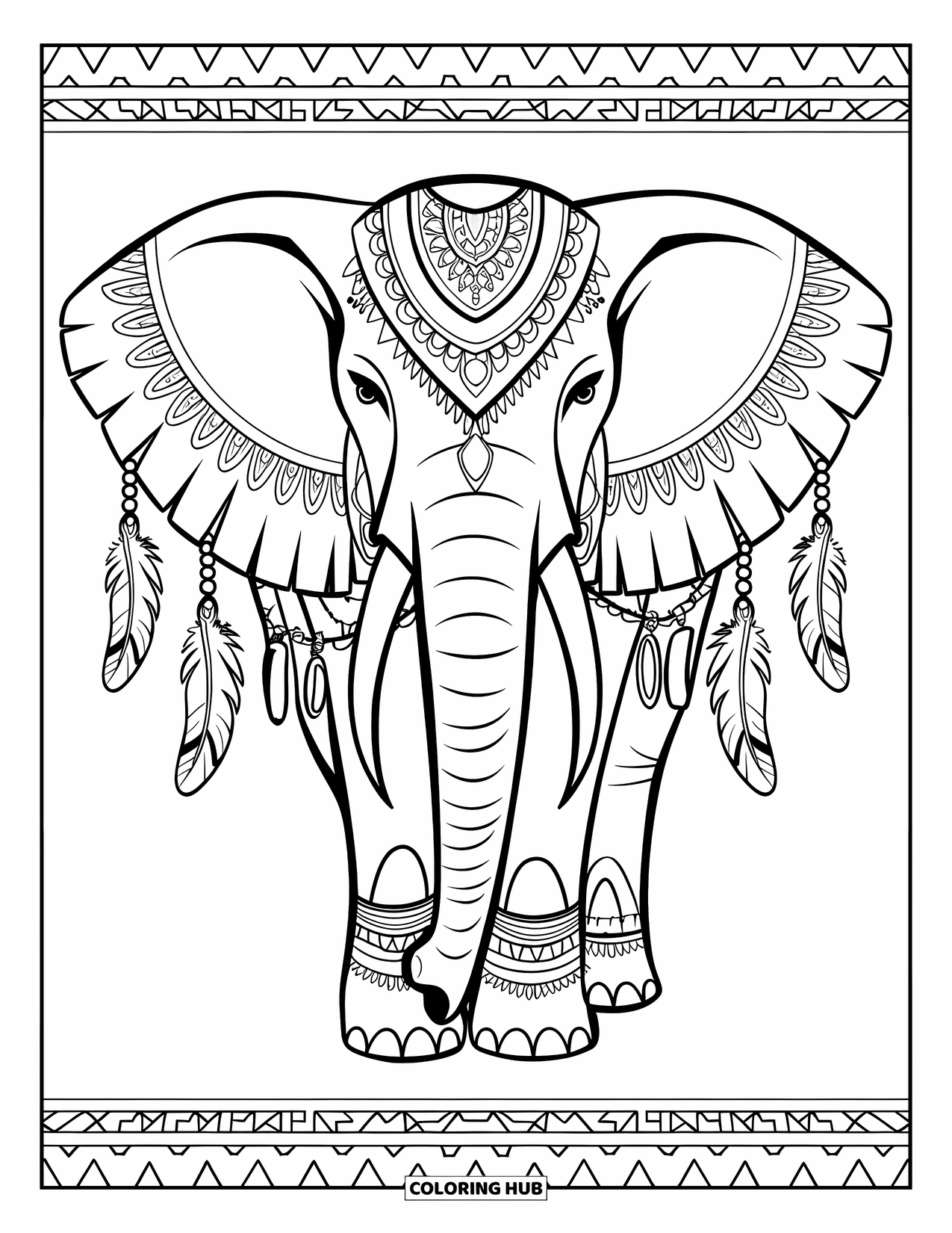 Kolorowanka ze słoniem dla dorosłych: Słoń z plemienną biżuterią i skomplikowanymi wzorami stoi w pięknie udekorowanej scenerii