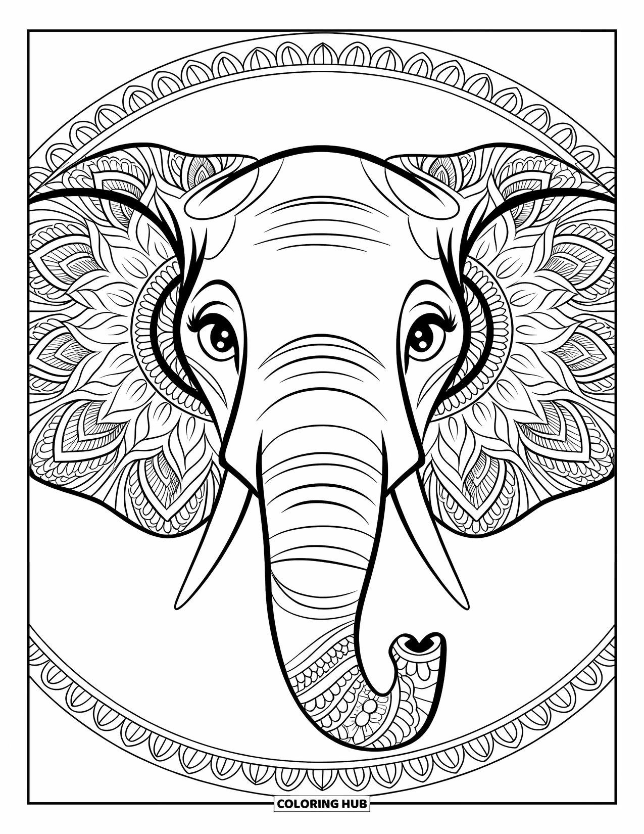 Kolorowanka ze słoniem dla dorosłych: Twarz słonia jest ozdobiona wzorami mandali, z wyrazistymi oczami i odważnymi wzorami
