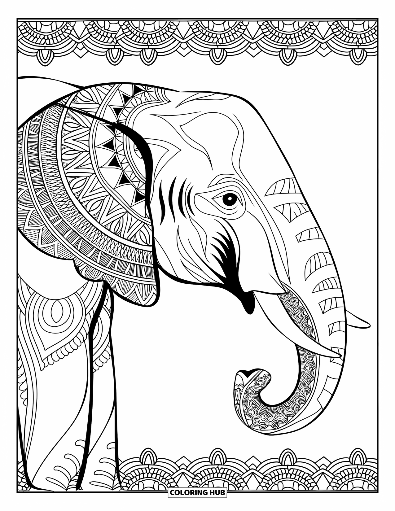 Kolorowanka ze słoniem dla dorosłych: Misternie zaprojektowana twarz słonia z wzorami mandali jest otoczona elementami dekoracyjnymi
