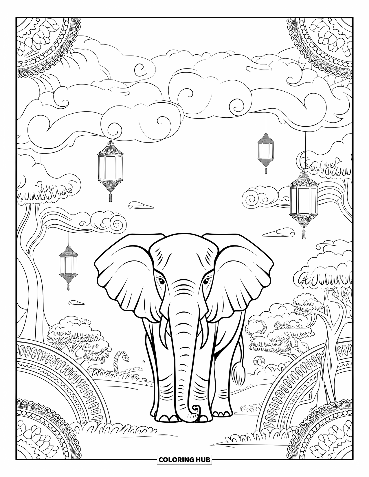 Kolorowanka ze słoniem dla dorosłych: Misternie wzorzysty słoń stoi w mistycznym krajobrazie ze świecącymi drzewami i unoszącymi się lampionami